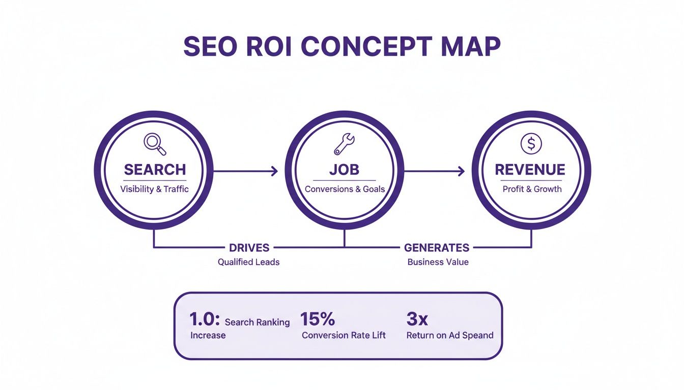 SEO ROI concept map illustrating how search visibility drives conversions, qualified leads, and revenue growth.
