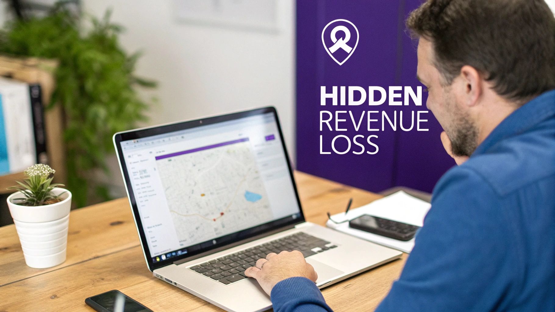 A man in a blue shirt is looking at a laptop displaying a map, with text 'HIDDEN REVENUE LOSS' in the background.