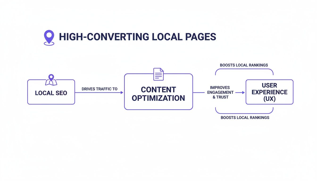 Flowchart illustrating the process of creating high-converting local pages through local SEO, content optimization, and user experience.