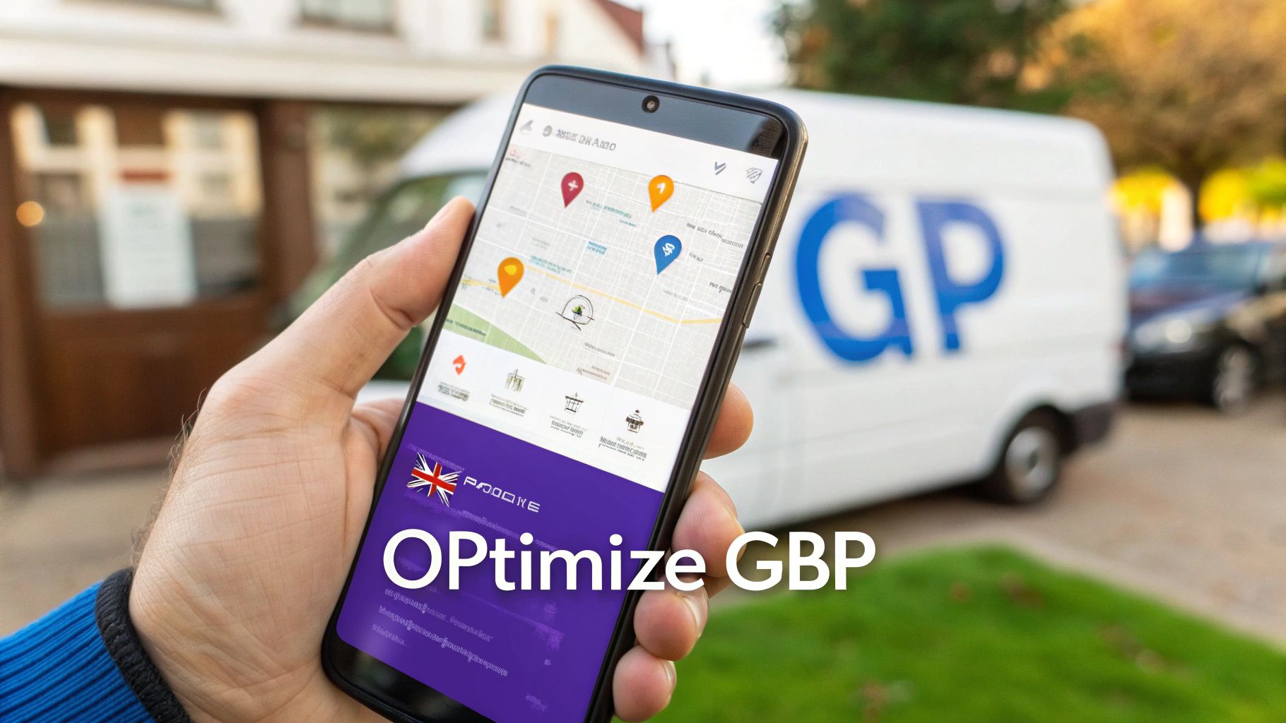 A hand holds a smartphone displaying a map application with location pins and 'OPtimize GBP' text, with a GP van in the background.