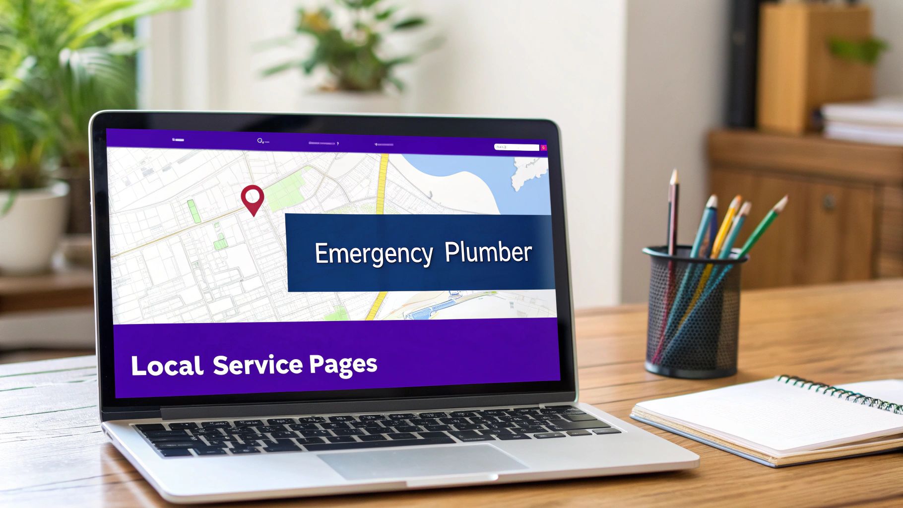 A laptop displays a map with a location pin, 'Emergency Plumber', and 'Local Service Pages' on a wooden desk.