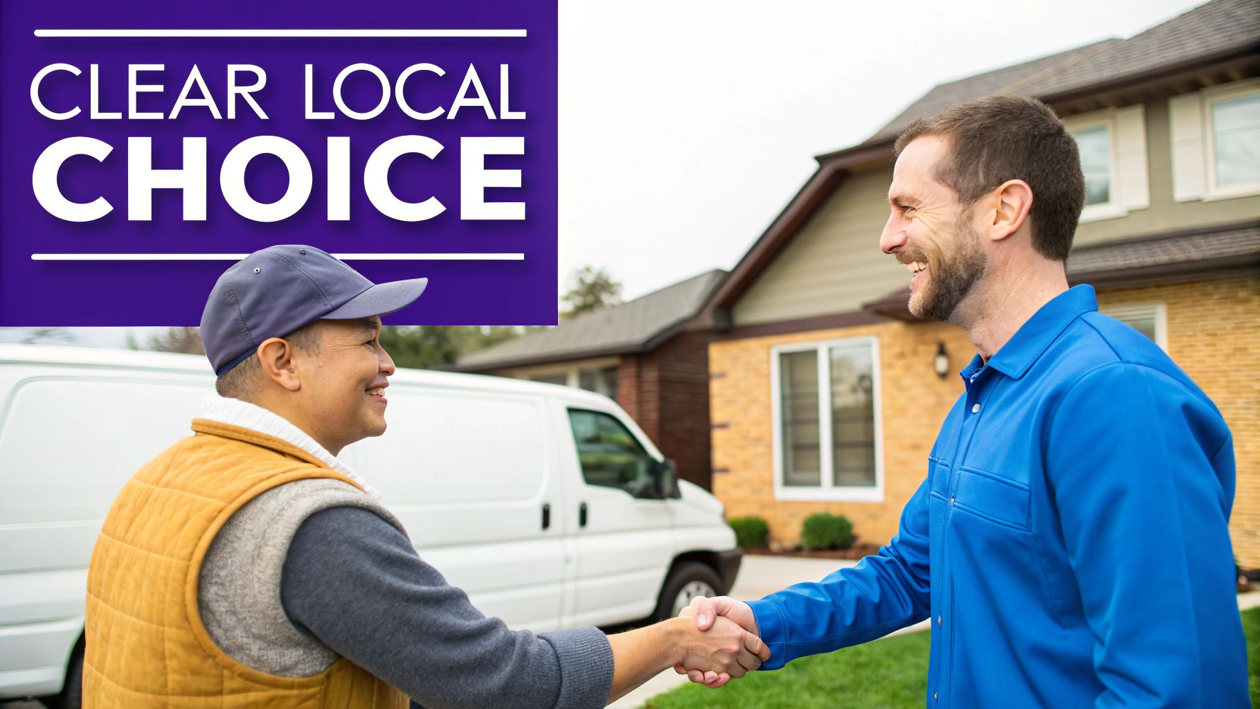 Two smiling men shaking hands outside a house with a white van and 'Clear Local Choice' text.