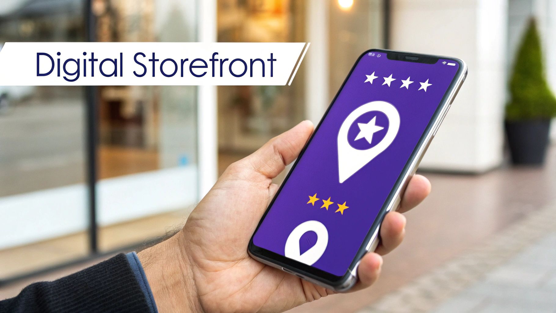 A hand holding a smartphone with a digital storefront app showing a location pin and customer star ratings.