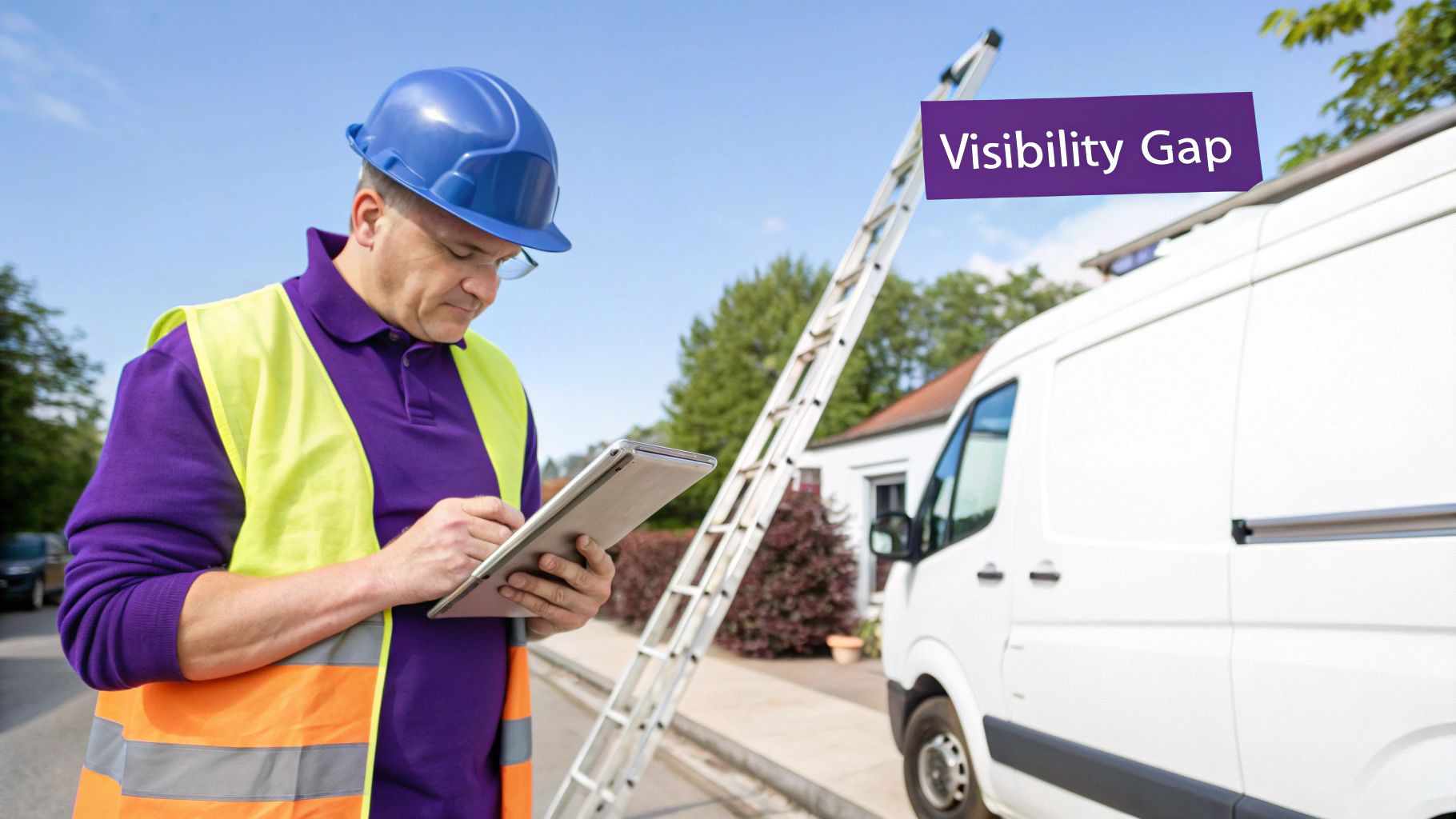 A contractor in a hard hat and high-vis vest uses a tablet outdoors, next to a white van with a ladder.