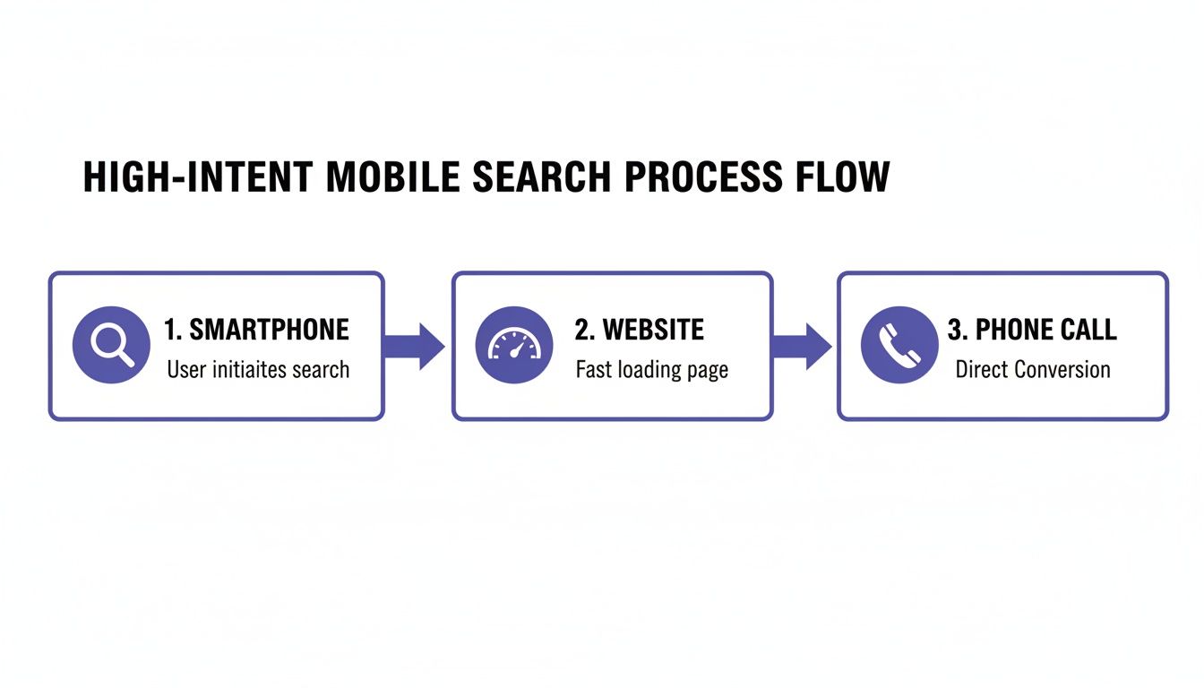 Flowchart depicting the high-intent mobile search process: smartphone search, fast loading website, and direct phone call conversion.