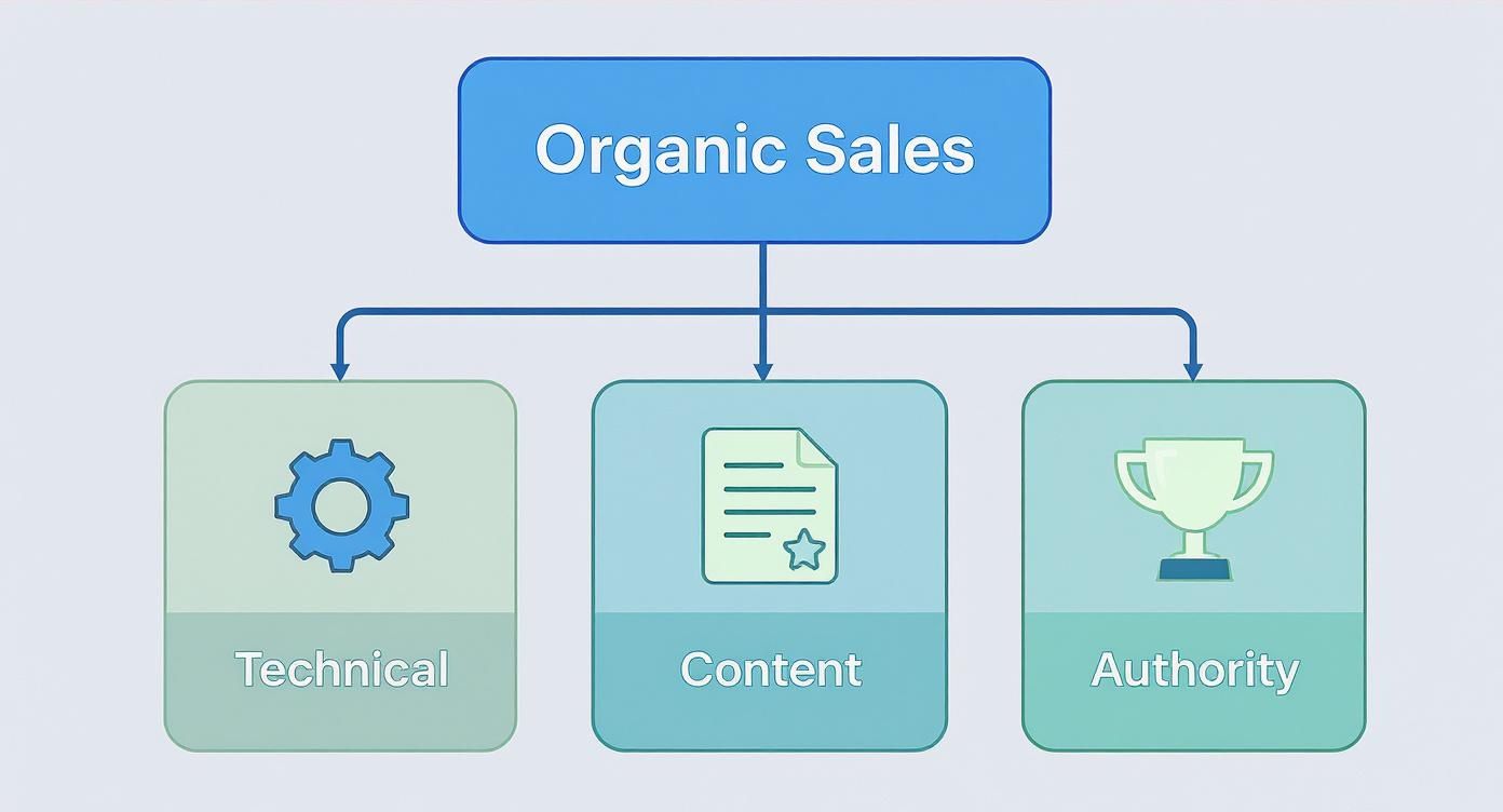 A flowchart showing 'Organic Sales' branching into 'Technical', 'Content', and 'Authority' components.