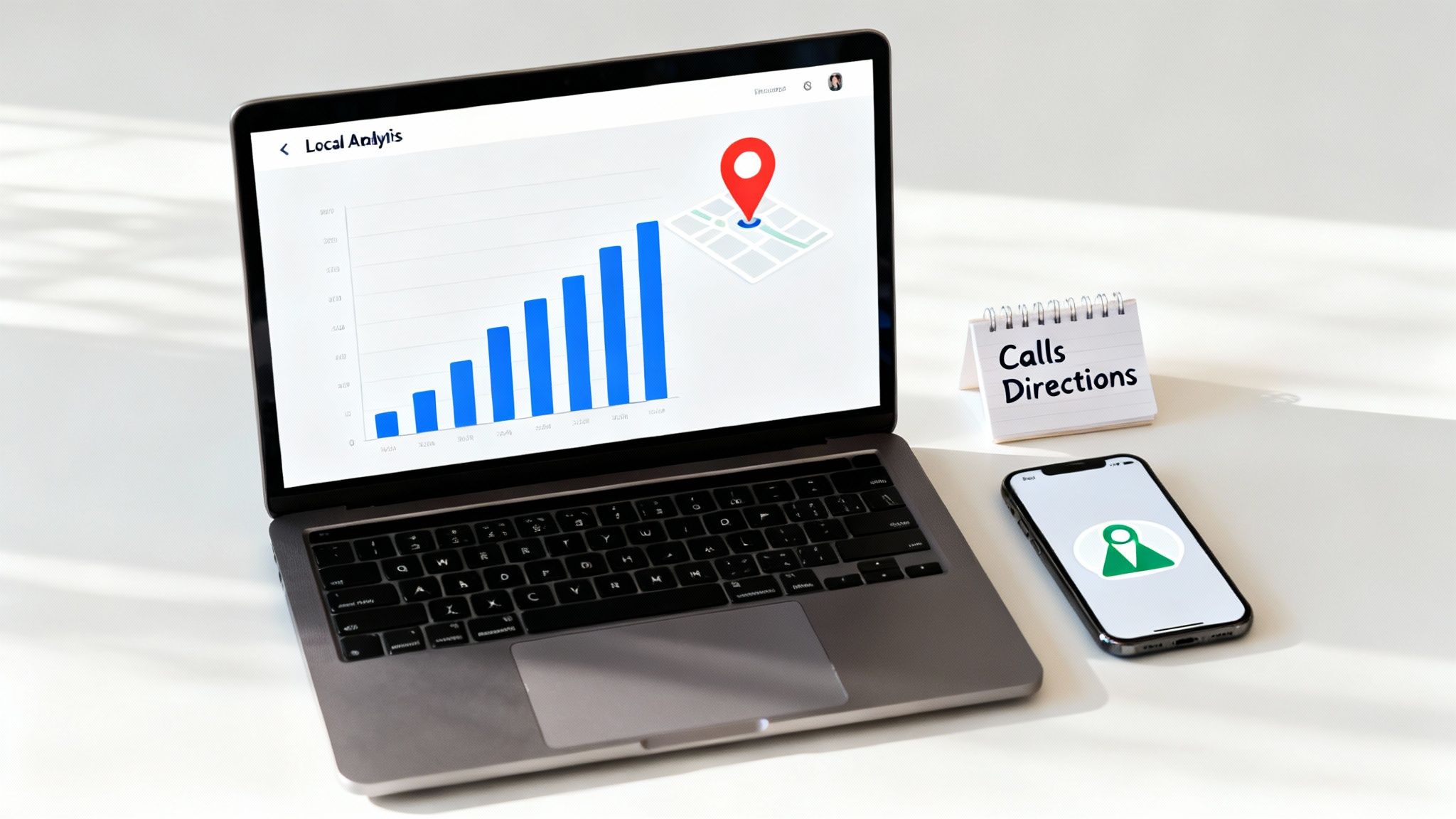 Laptop displaying a local analysis chart and map, alongside a smartphone and a notepad.