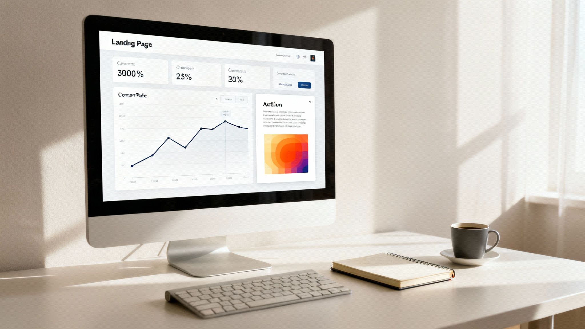 A computer monitor displays a landing page dashboard with performance analytics and graphs on a clean desk.