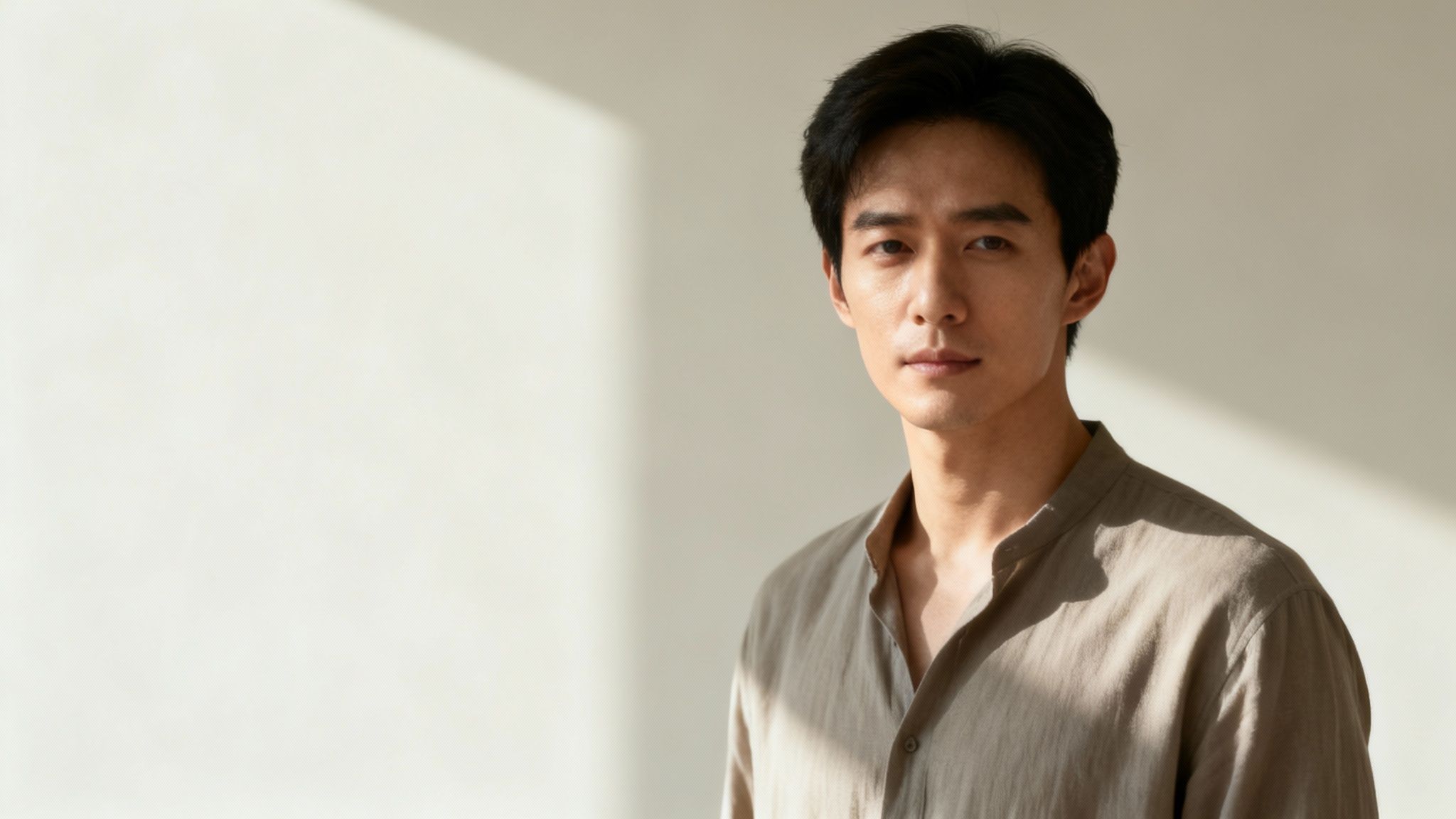 A man with dark hair in a light shirt looks at the camera, featuring shadows and negative space.