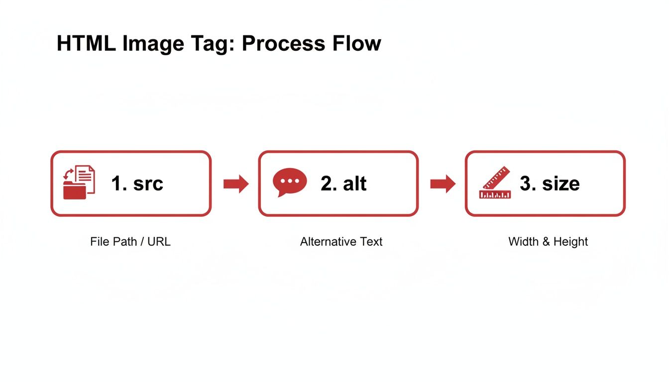A step-by-step process flow illustrating the three main attributes of an HTML image tag: src, alt, and size.