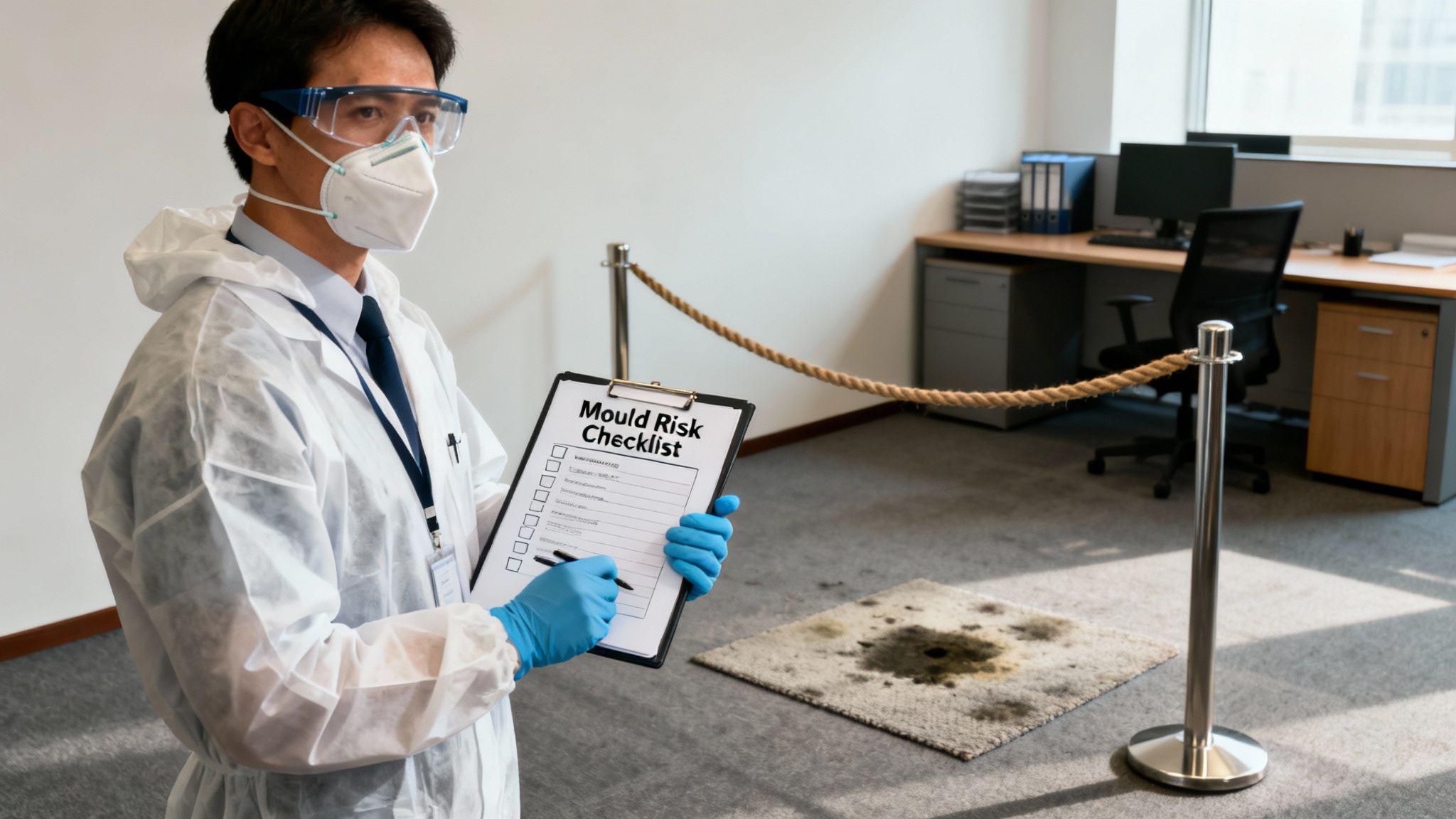 A technician in protective gear inspects a mouldy carpet in an office with a checklist.