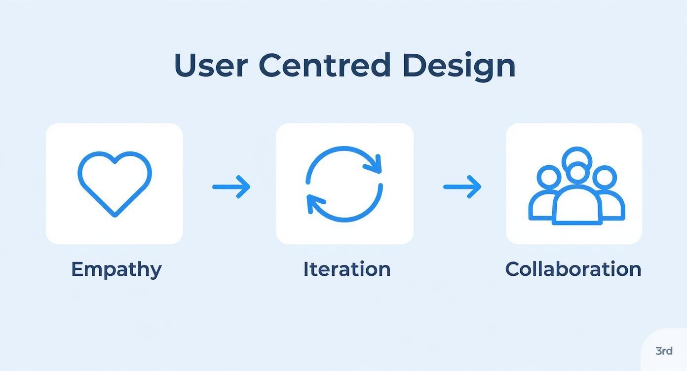User centred design process showing three stages: empathy with heart icon, iteration with circular arrows, and collaboration with people icon