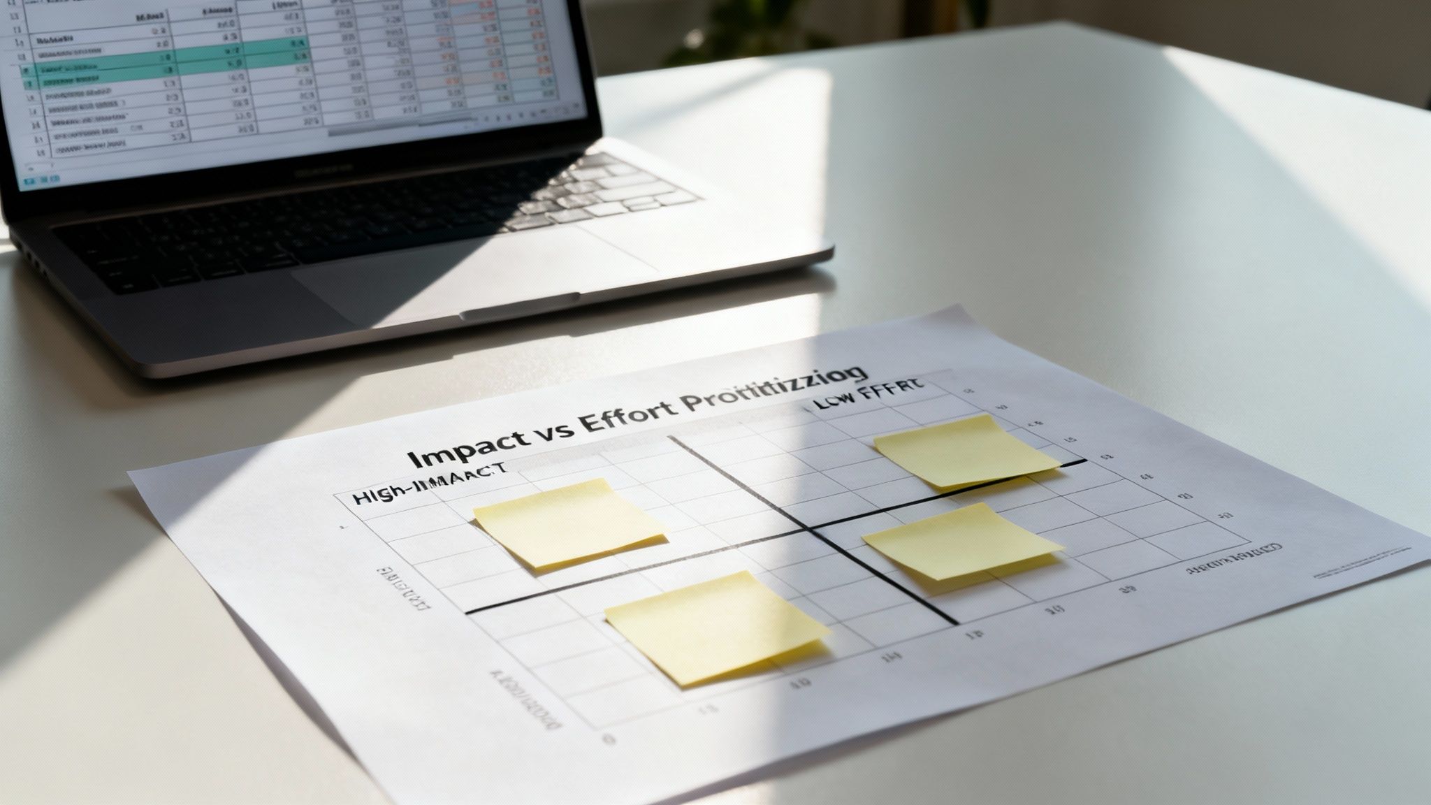 An "Impact vs Effort" prioritization matrix with sticky notes next to a laptop on a desk.