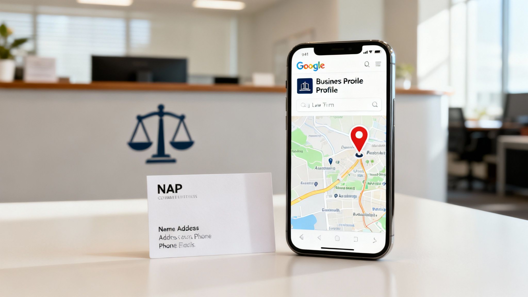 A business card with NAP details next to a smartphone displaying Google Business Profile for a law firm.