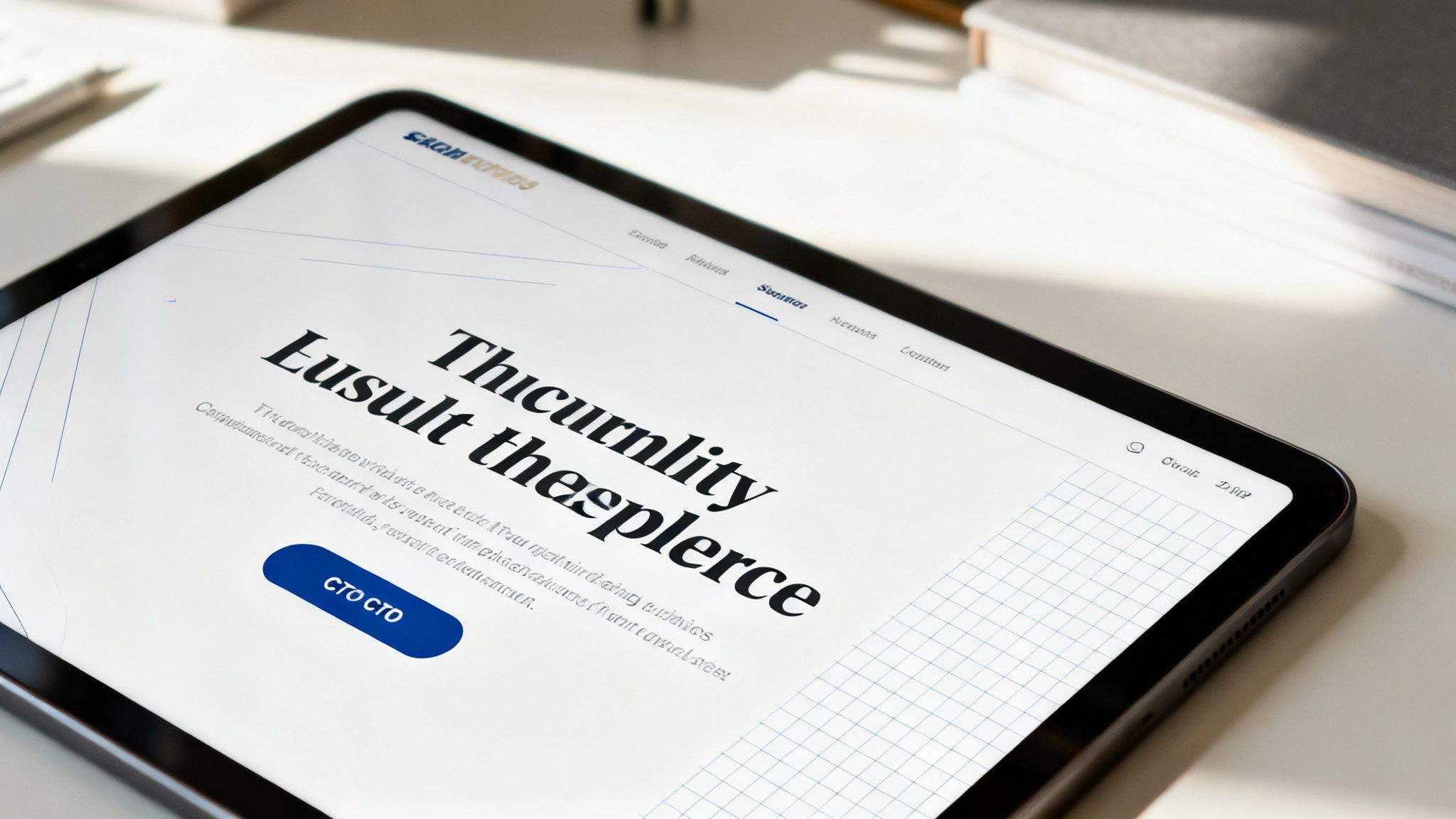 Tablet showing a modern website design with a large headline and a blue call-to-action button.