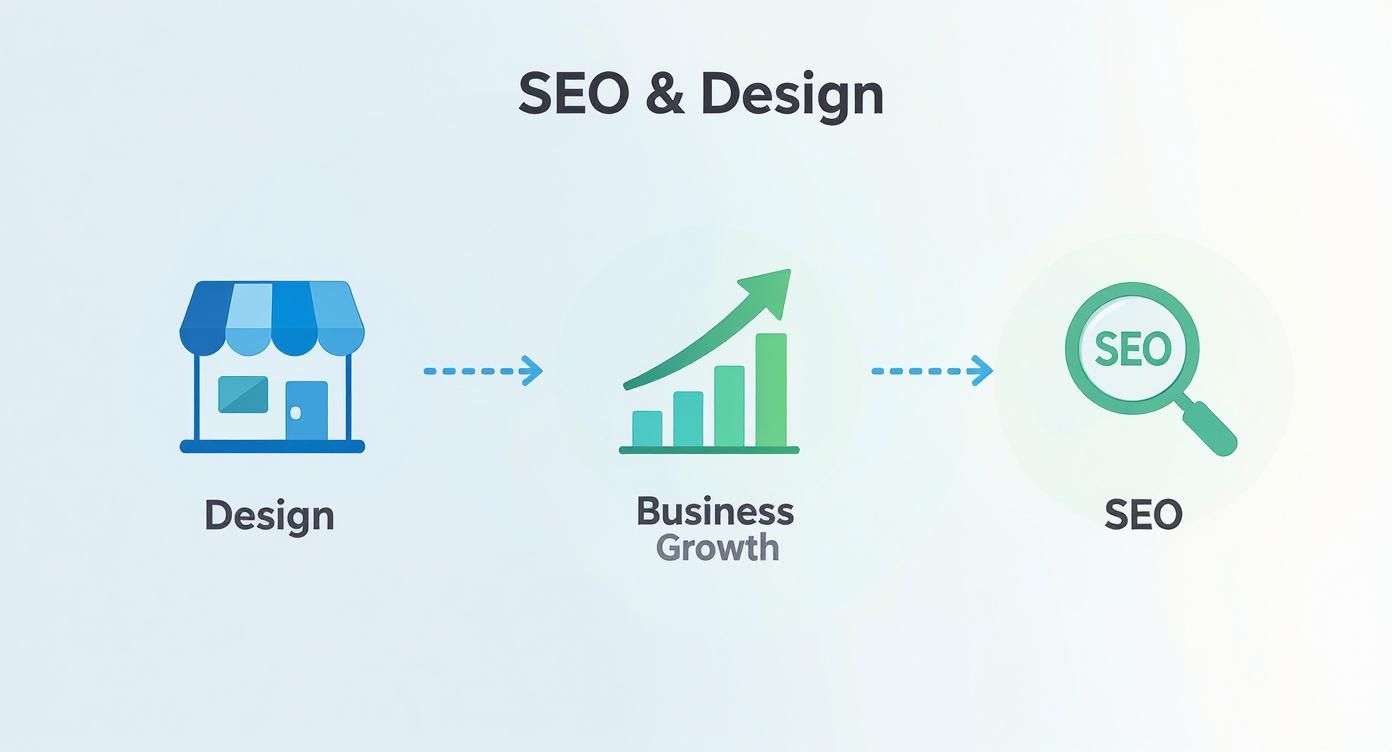 An infographic showing that good design leads to business growth, which is enhanced by SEO.