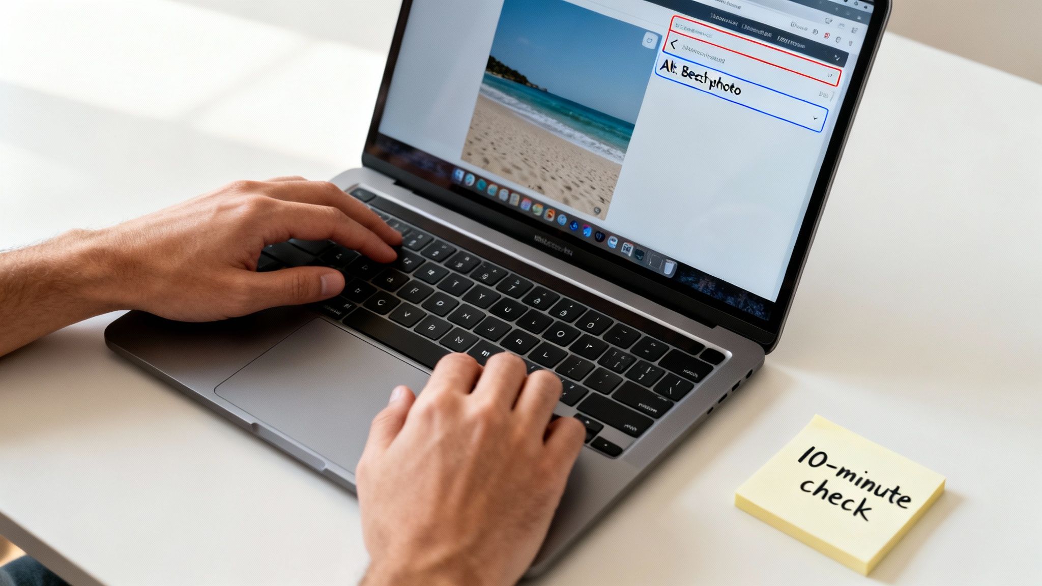 A person types alt text for a beach photo on a laptop, emphasizing web accessibility.