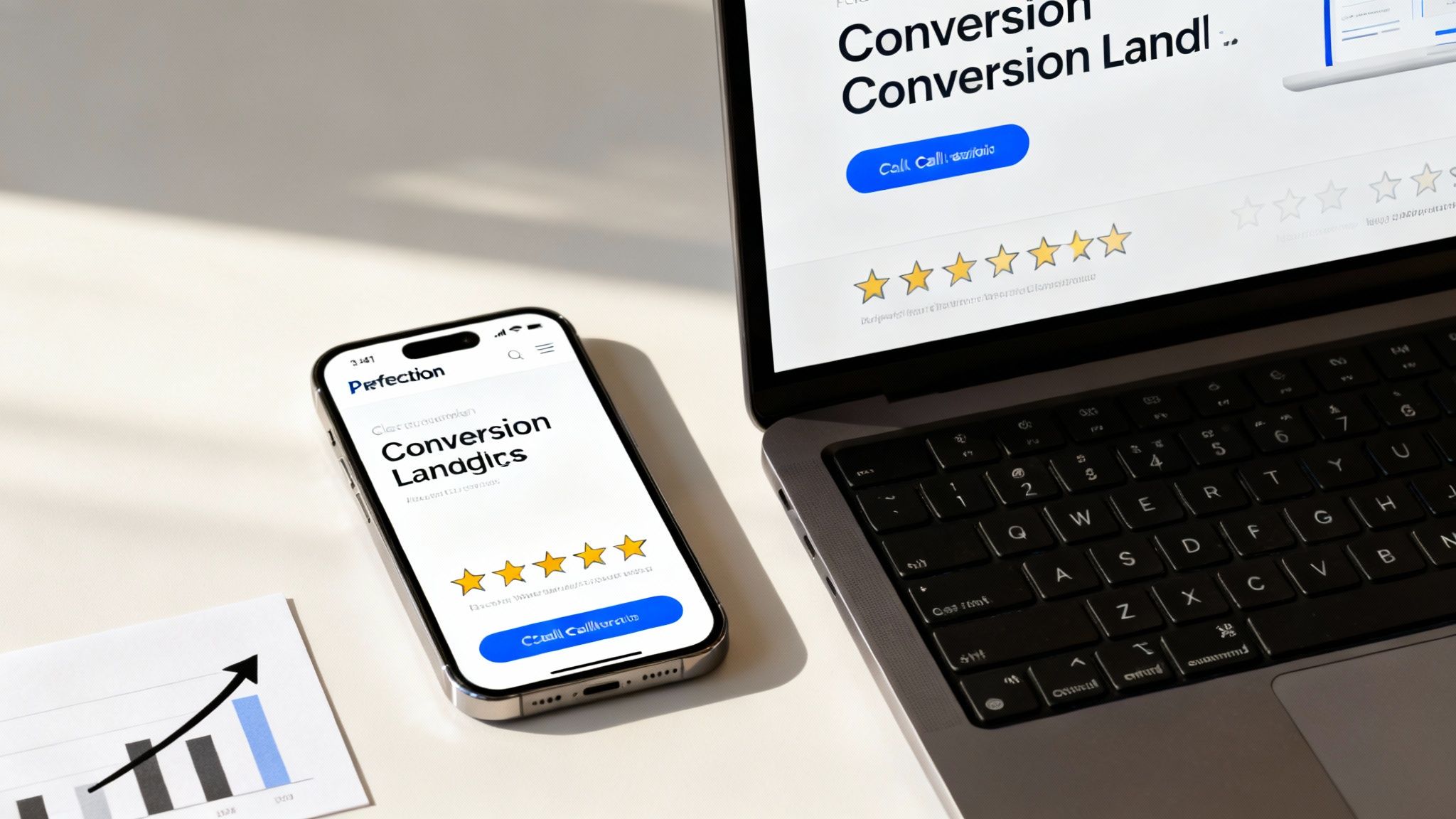 A smartphone and laptop displaying conversion landing page designs with star ratings and a growth graph.