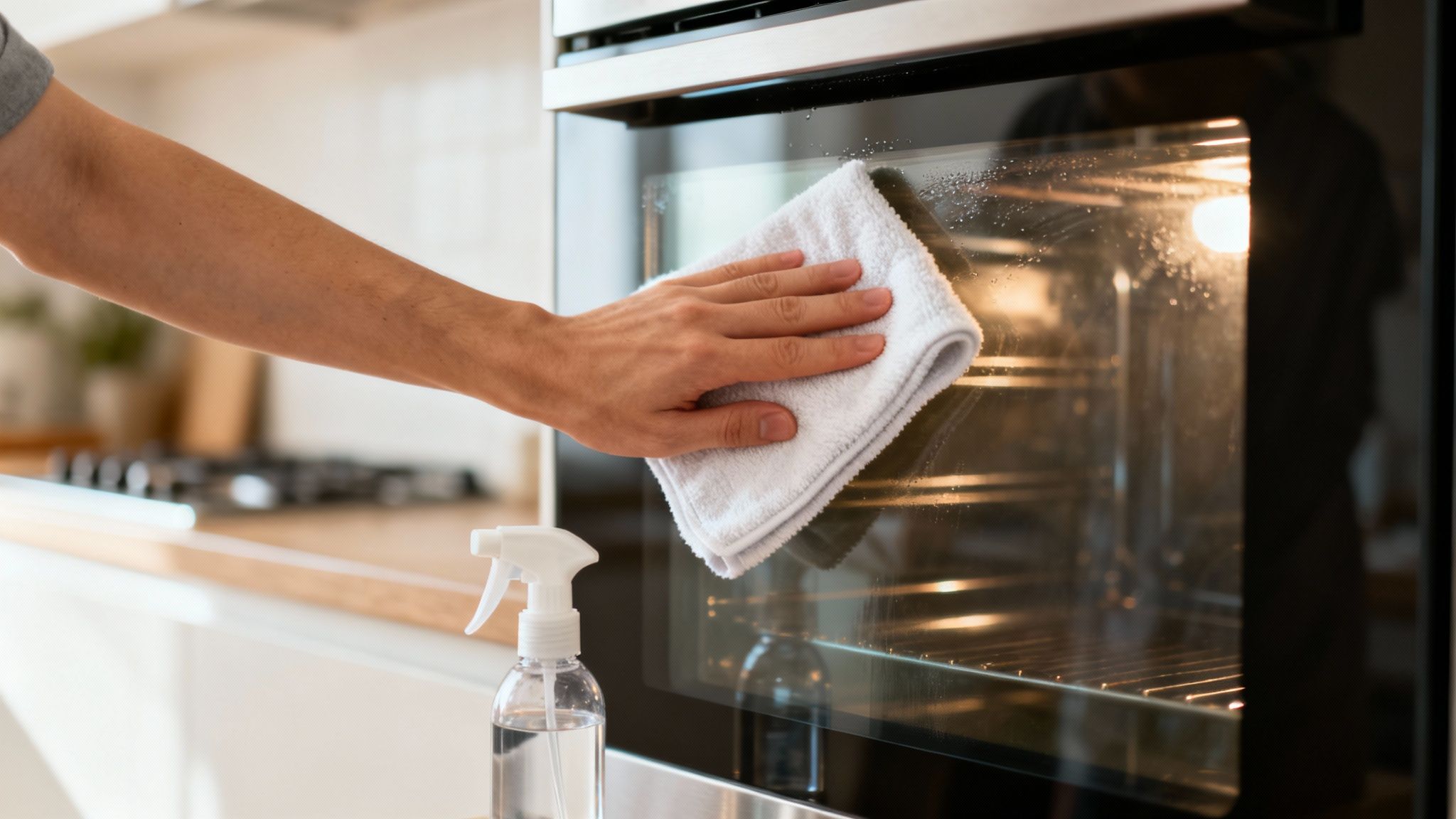 Close-up of a person's hand cleaning a glass oven door with a white cloth and spray.