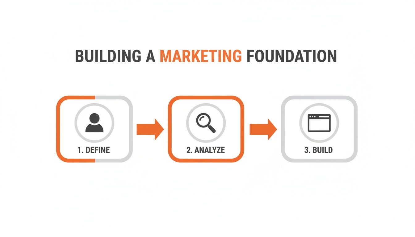 A visual showing the three steps to building a marketing foundation: Define, Analyze, and Build.