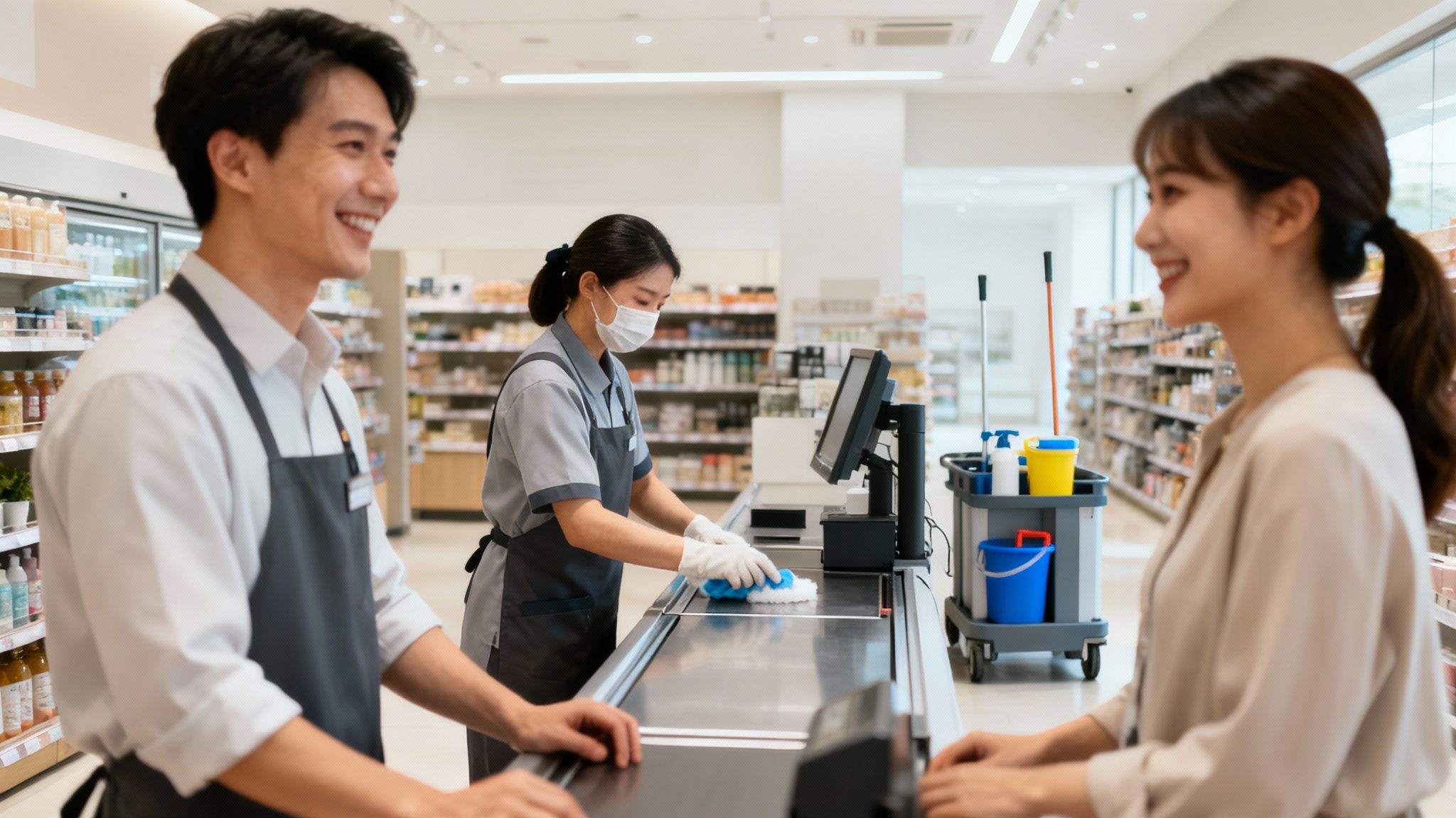 A professional cleaner sanitising a retail store counter.