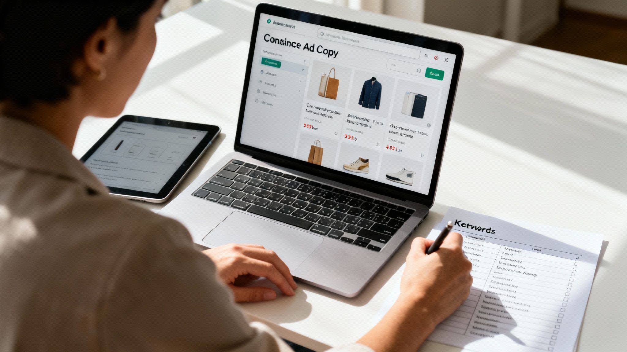 A person works on a laptop displaying e-commerce ad copy, a tablet, and writes on a keyword list.
