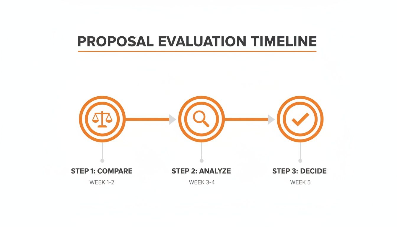 Timeline illustrating a three-step proposal evaluation process including comparing, analyzing, and deciding over five weeks.
