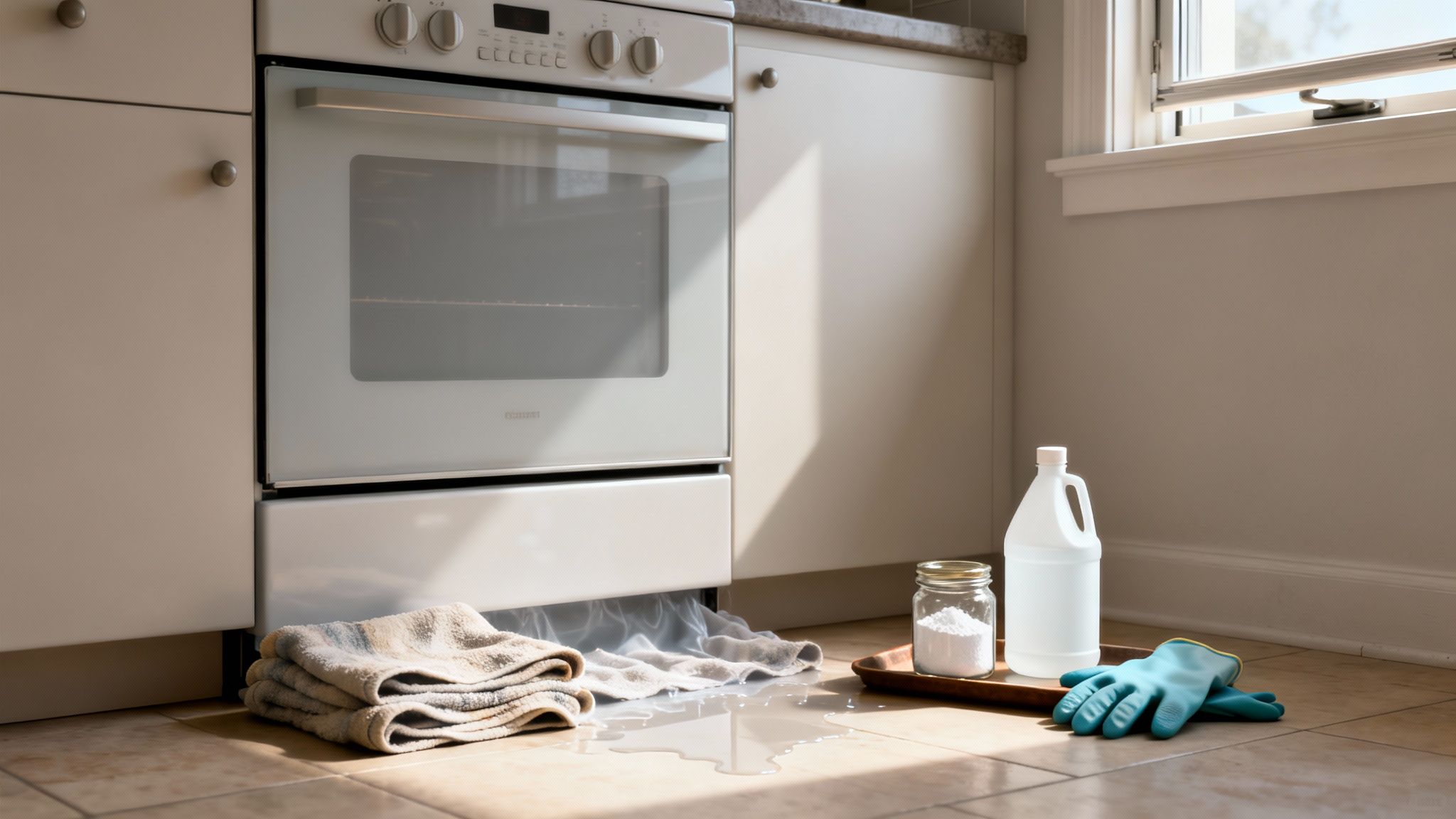 Cleaning supplies including rags, a bottle, powder, and gloves on a kitchen floor next to an oven.