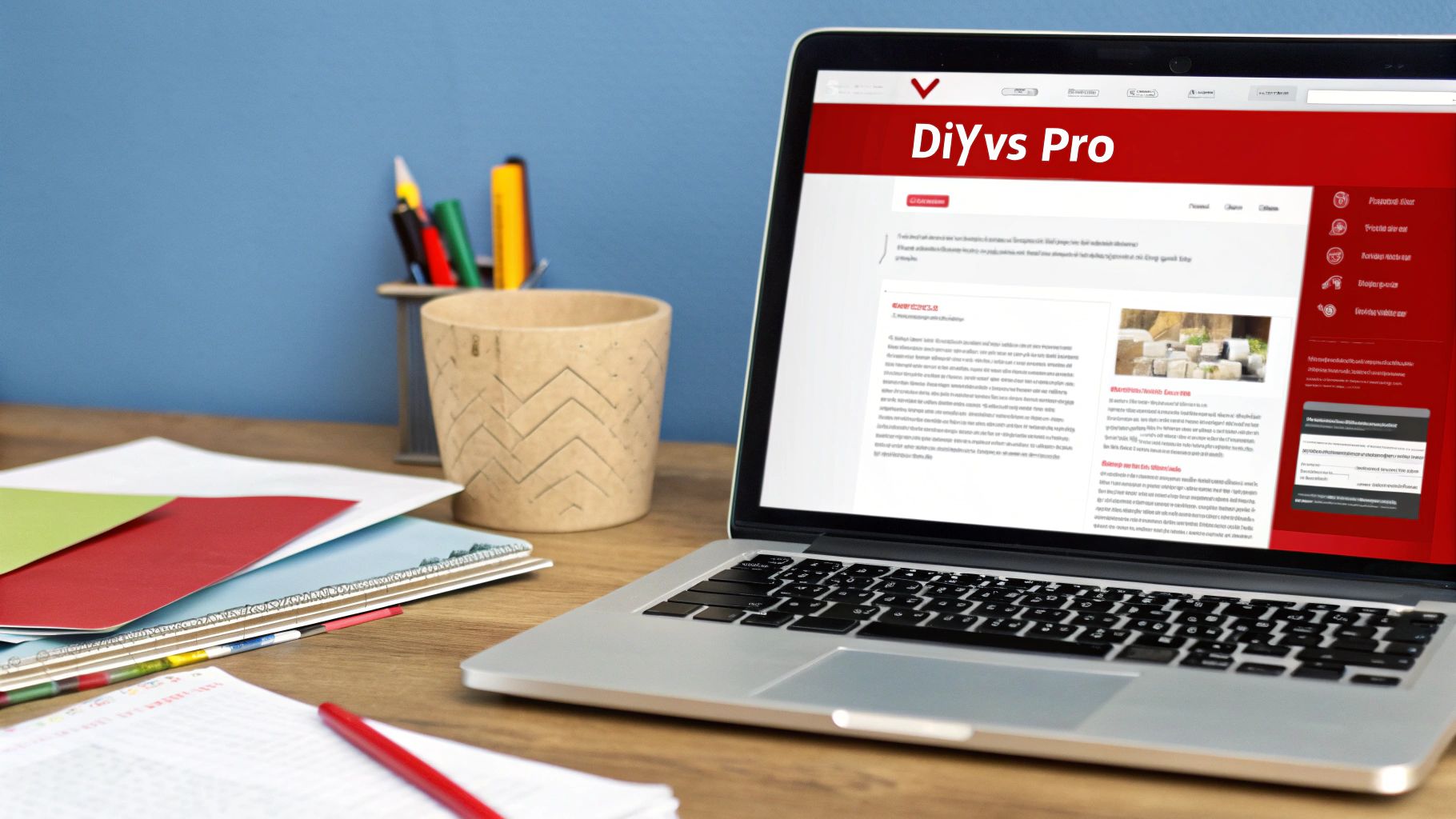 A split image showing a person working on a DIY website builder on one side, and two professionals collaborating at a design agency on the other.