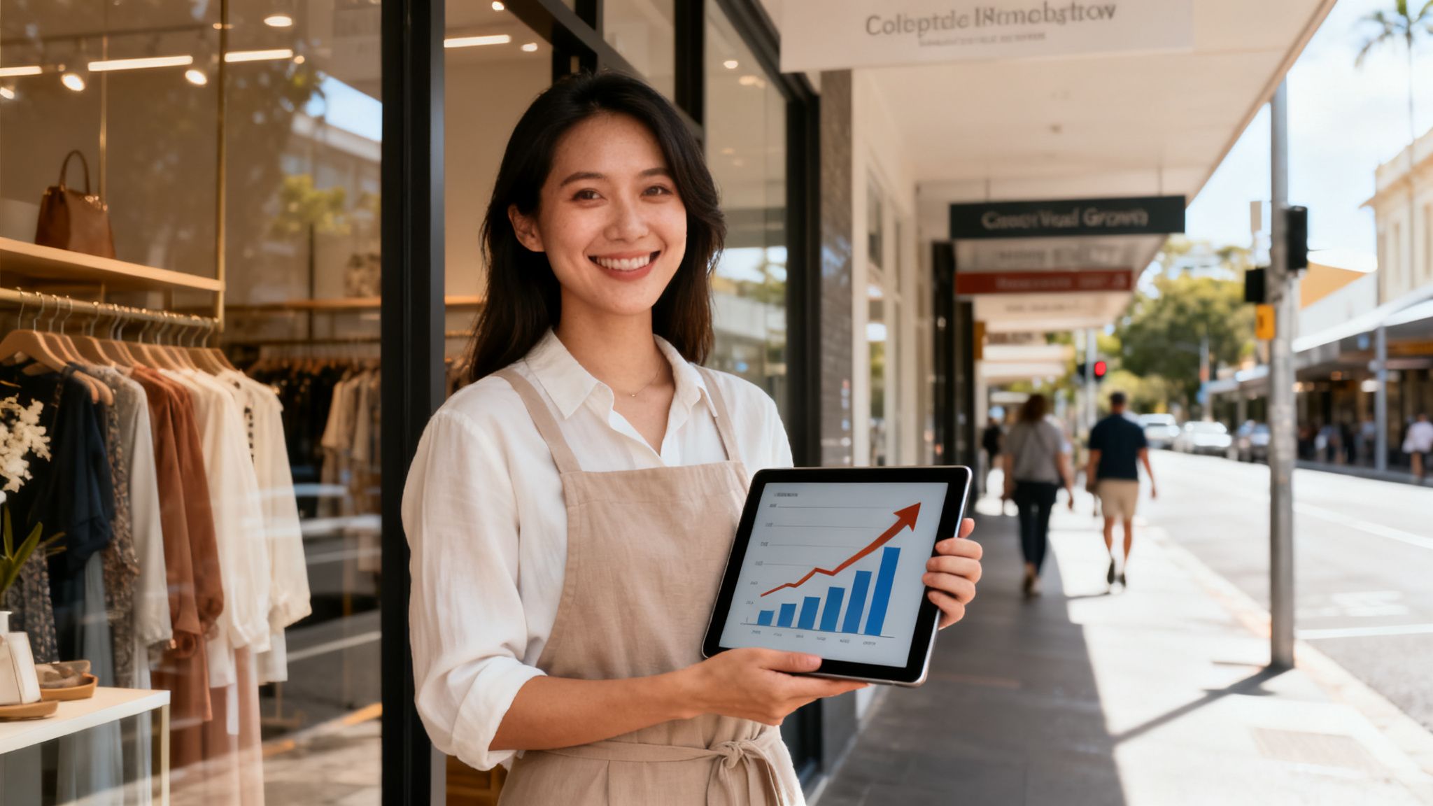 A smiling woman in an apron holds a tablet showing a sales growth chart outside her store.