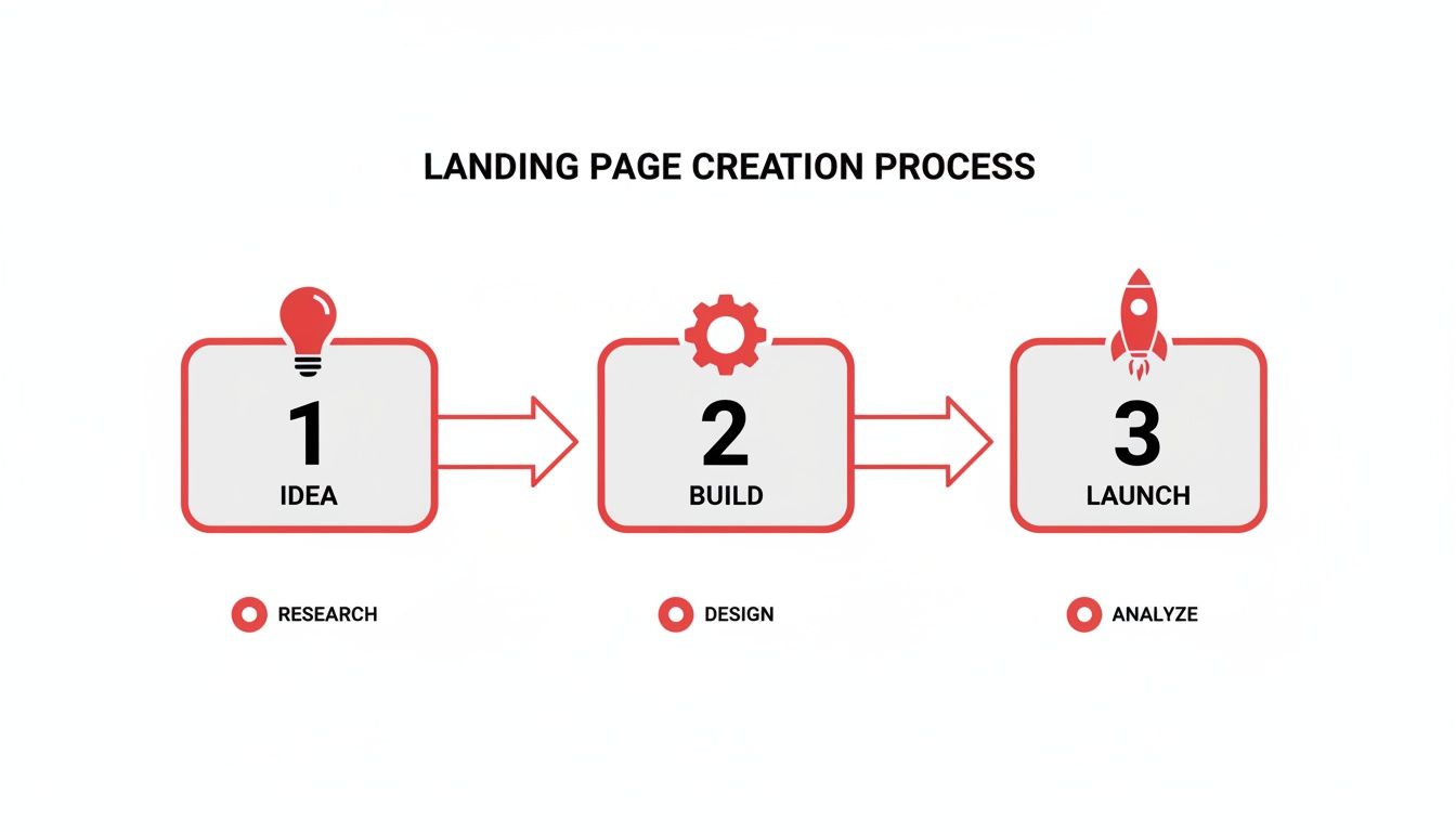 A three-step infographic outlining the landing page creation process: Idea, Build, and Launch.