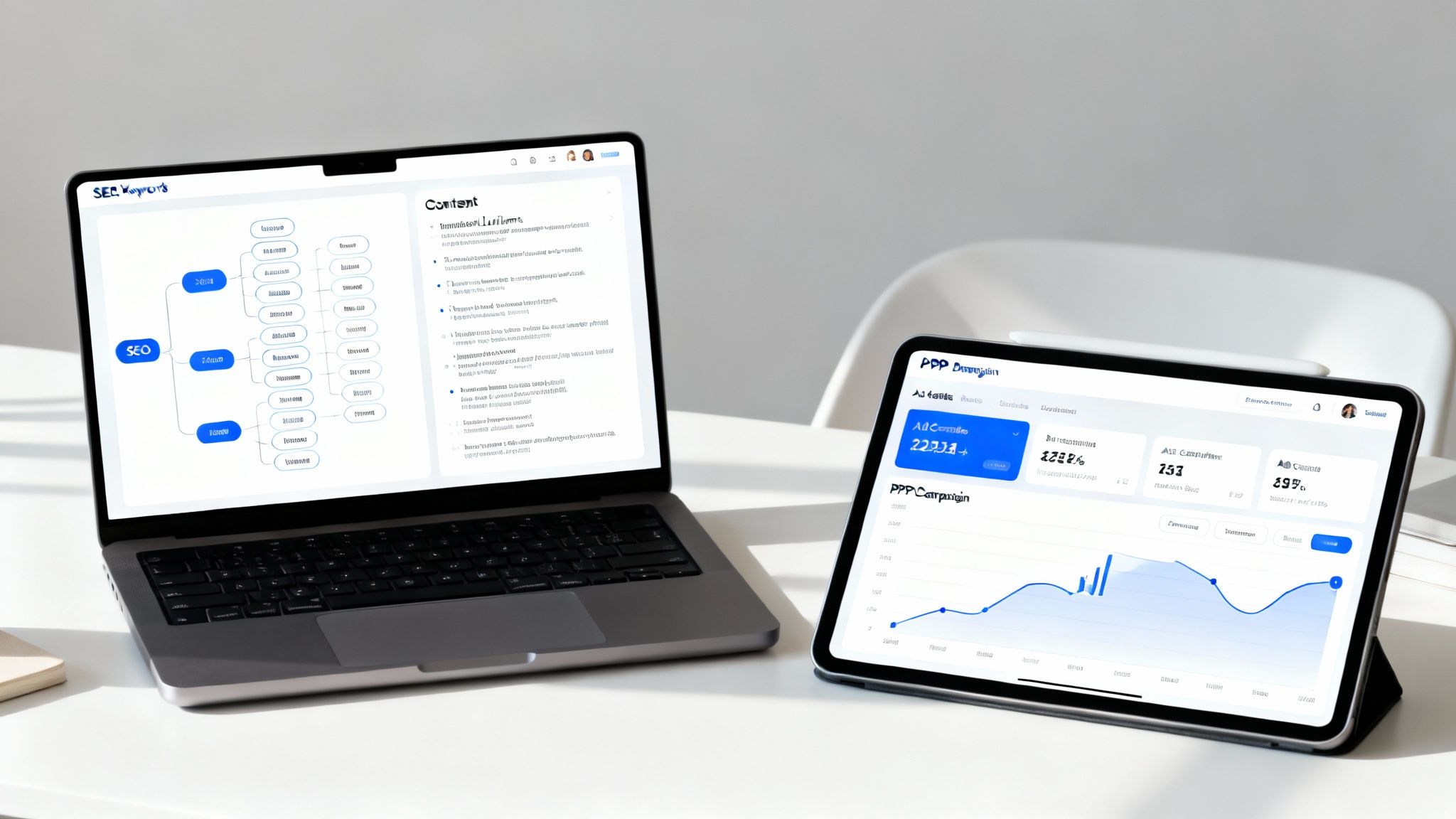Laptop and tablet displaying digital marketing dashboards for SEO and PPC campaigns.