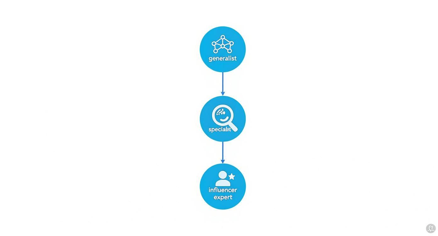 An infographic decision tree showing options for choosing a digital marketing consultant, including generalists, specialists, and influencer experts.