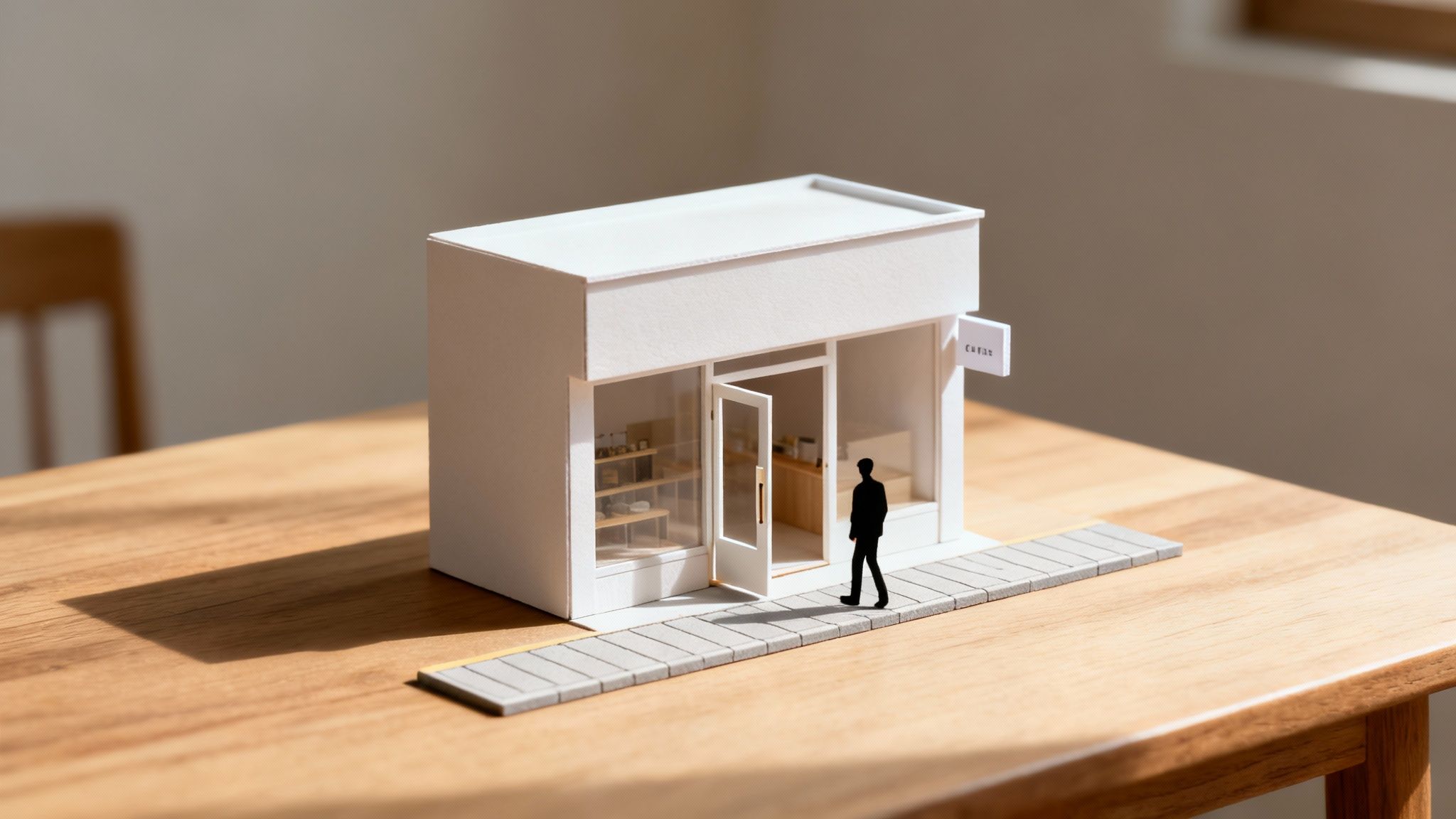 Miniature white craft store model with an open door, sidewalk, and small person walking.