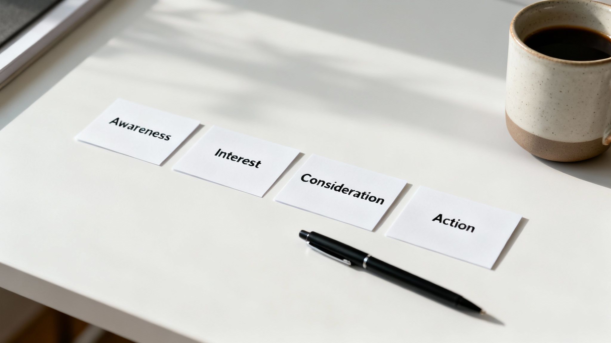 A person mapping out the different stages of a sales funnel on a whiteboard with sticky notes.