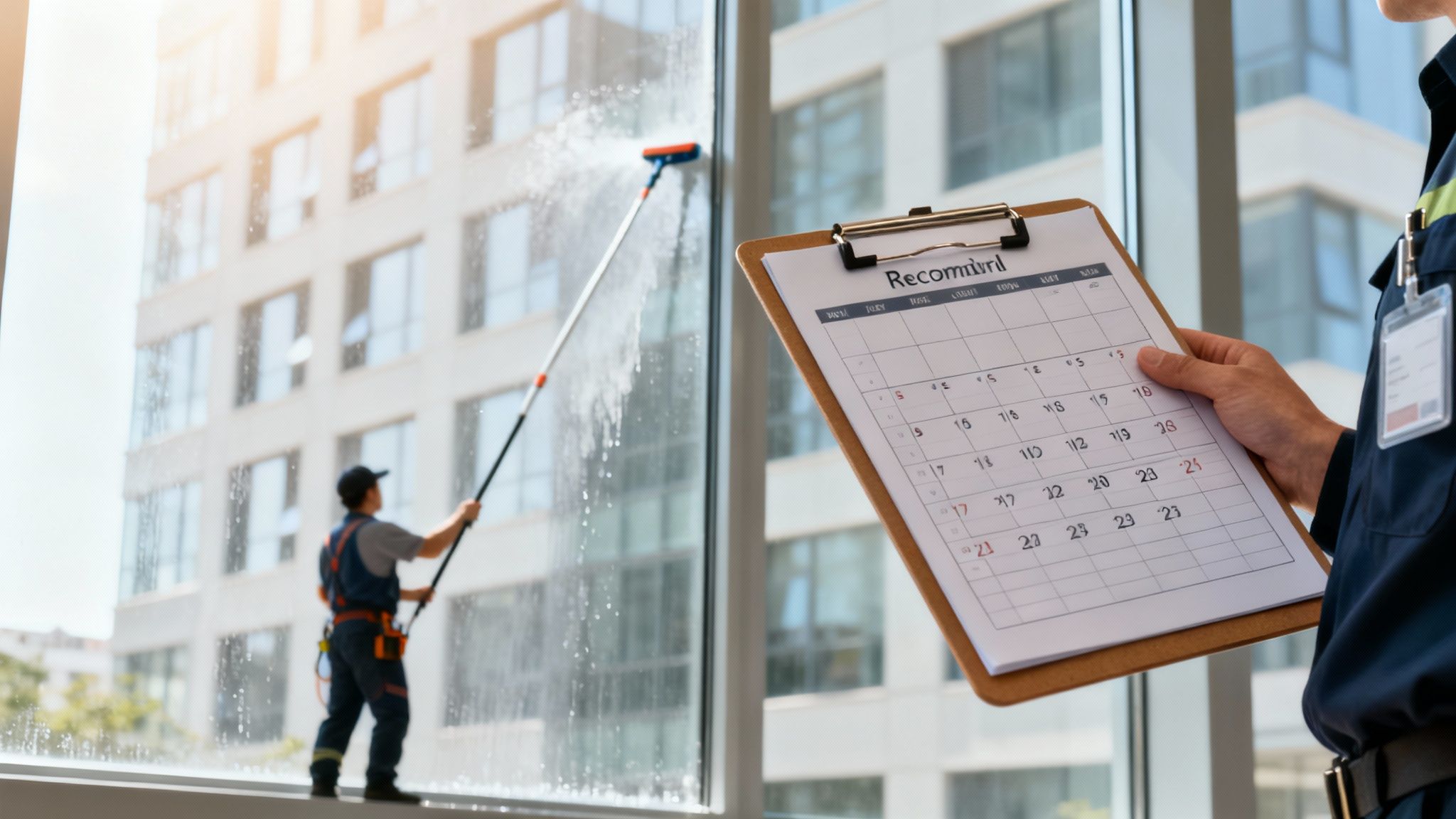 A professional window cleaner washes a high-rise building's windows while a supervisor checks a schedule on a clipboard.