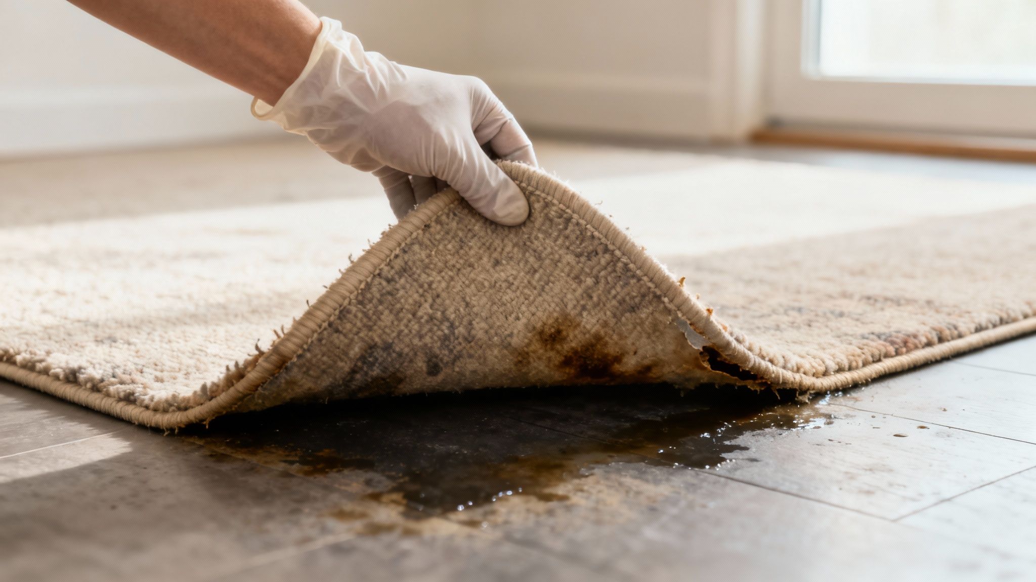 A hand lifting a corner of a carpet to reveal a damp, mould-stained underlay.