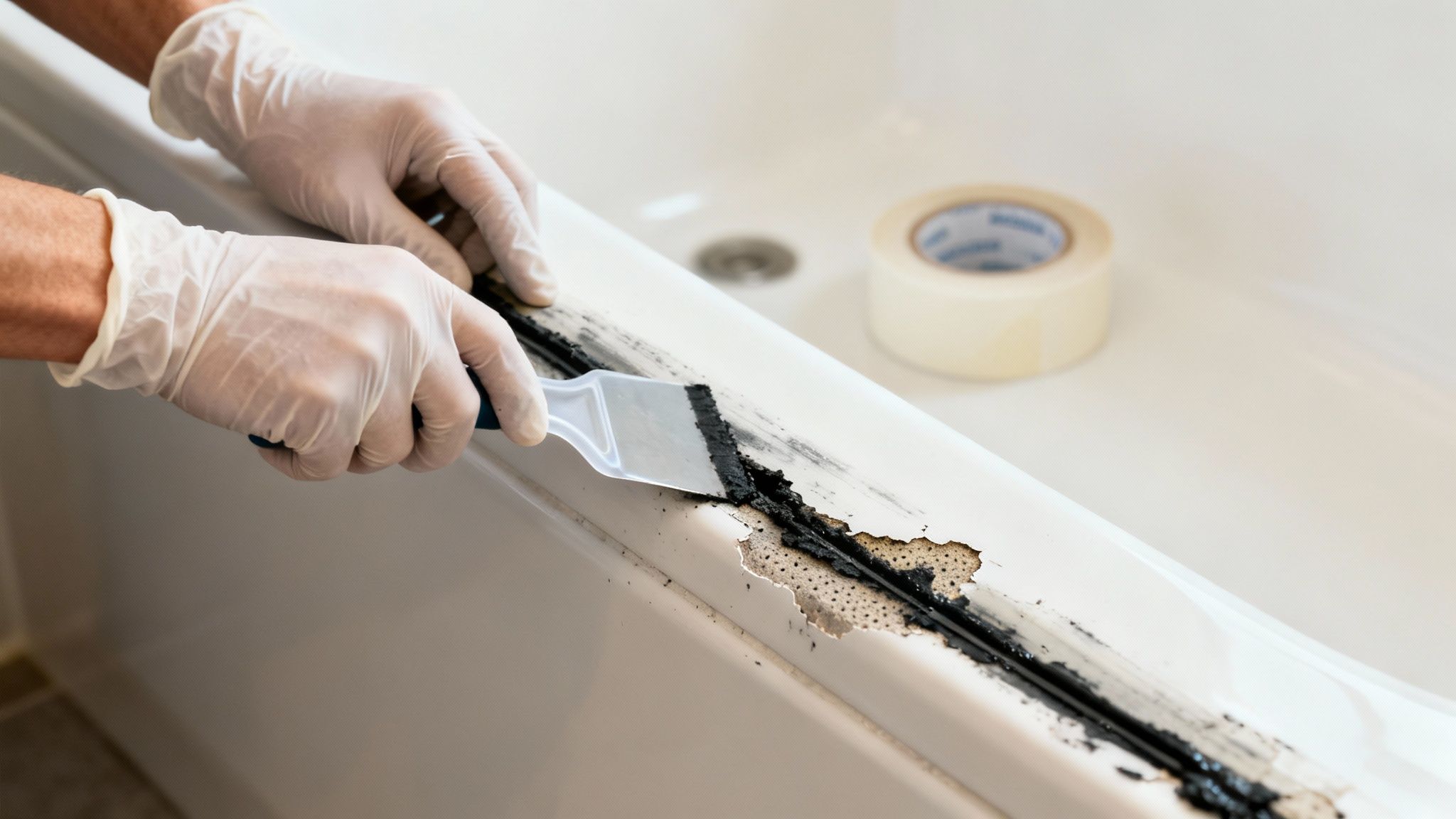 Damaged, mouldy silicone sealant being carefully cut away from a bathroom tile edge.
