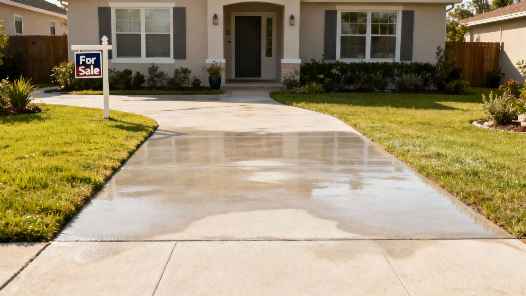 A freshly pressure cleaned driveway next to a modern home, showing the increase in kerb appeal.