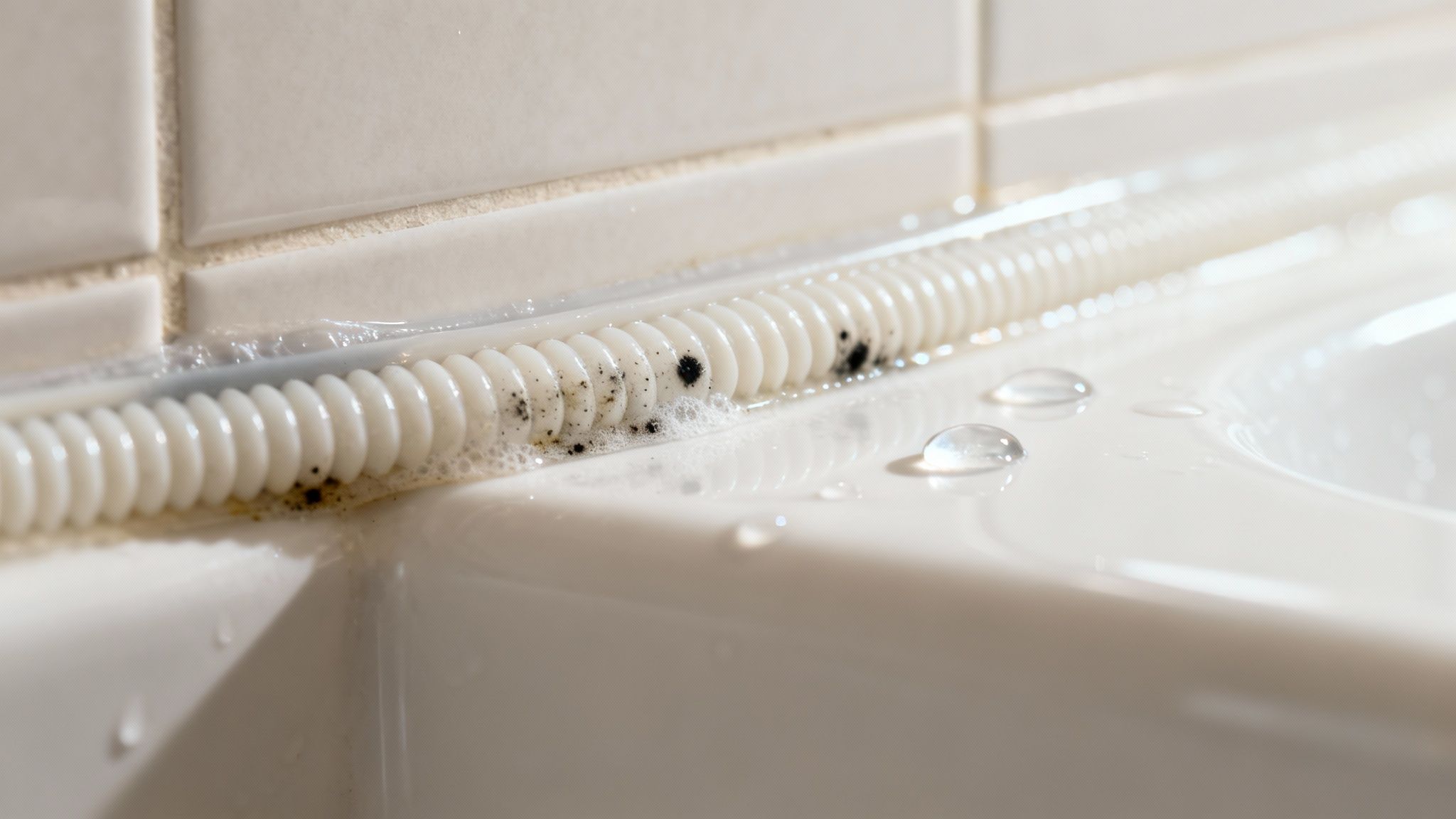 Close-up of black mold spots on white silicone sealant in a bathroom, near tiles and a sink.