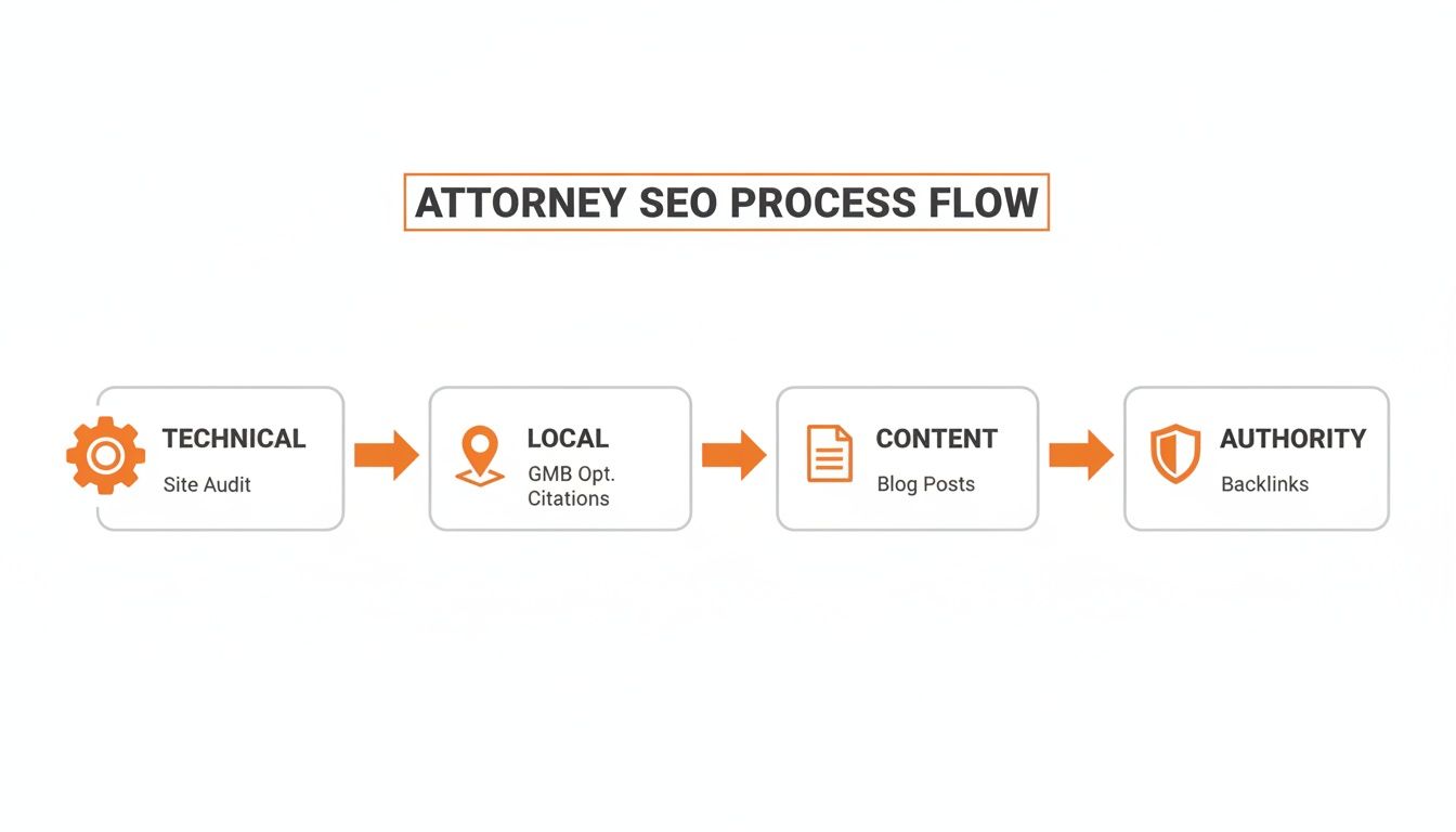 A flowchart illustrates the Attorney SEO process, detailing steps for technical, local, content, and authority optimization.