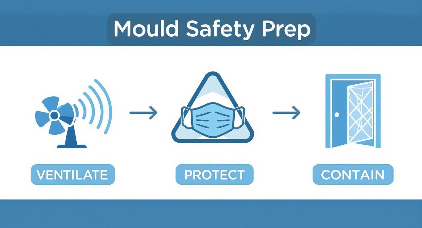 Infographic showing the three steps for mould safety prep: Ventilate with a fan icon, Protect with a mask icon, and Contain with a plastic sheet icon.