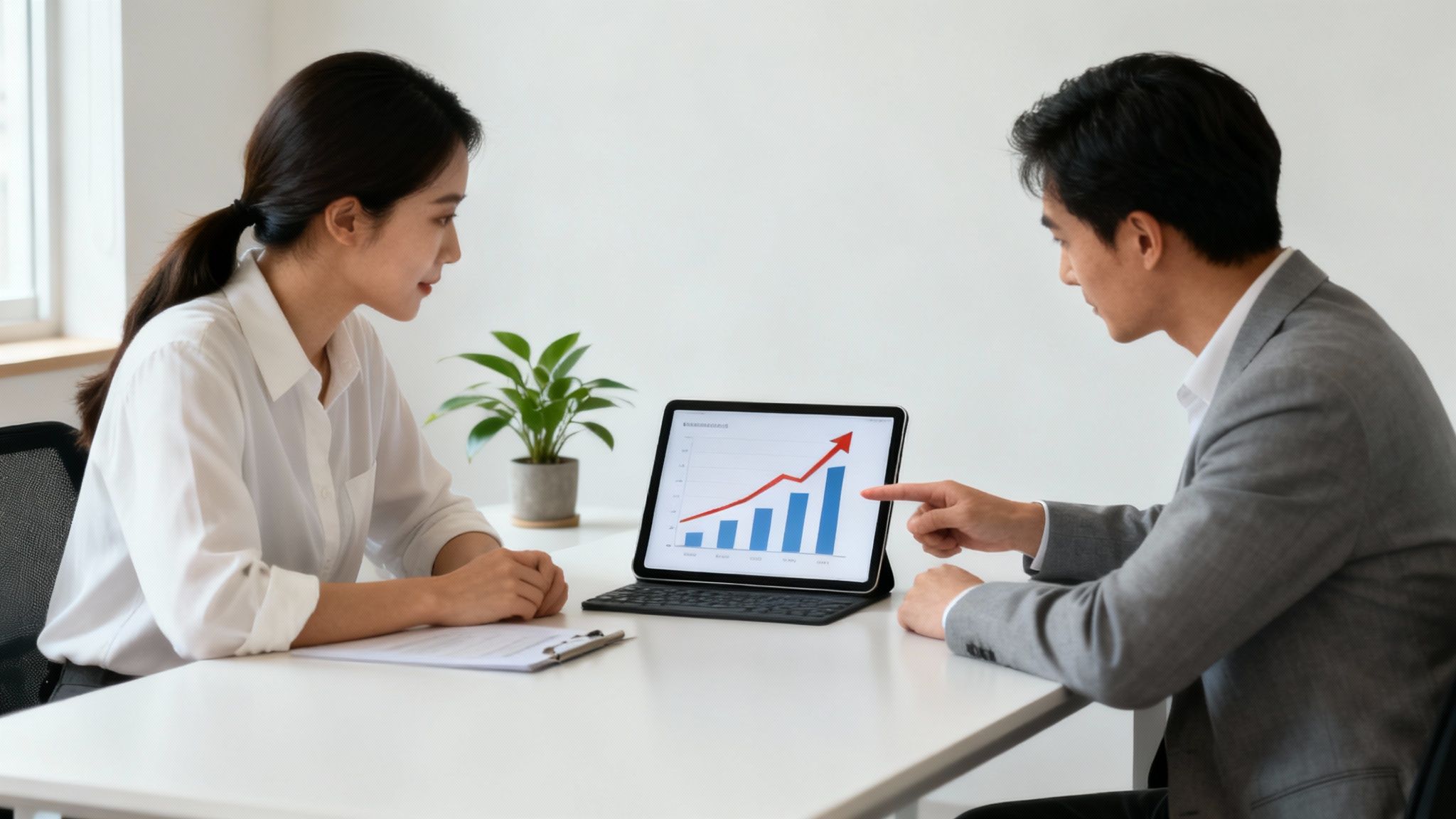 A team of marketing professionals collaborating around a desk, illustrating the strategic partnership of online marketing consulting.