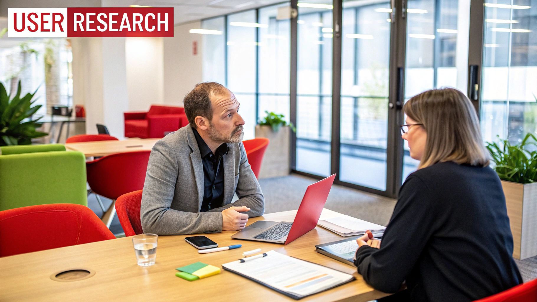 A person at a desk surrounded by sticky notes and wireframes, illustrating the strategic process of UX design.