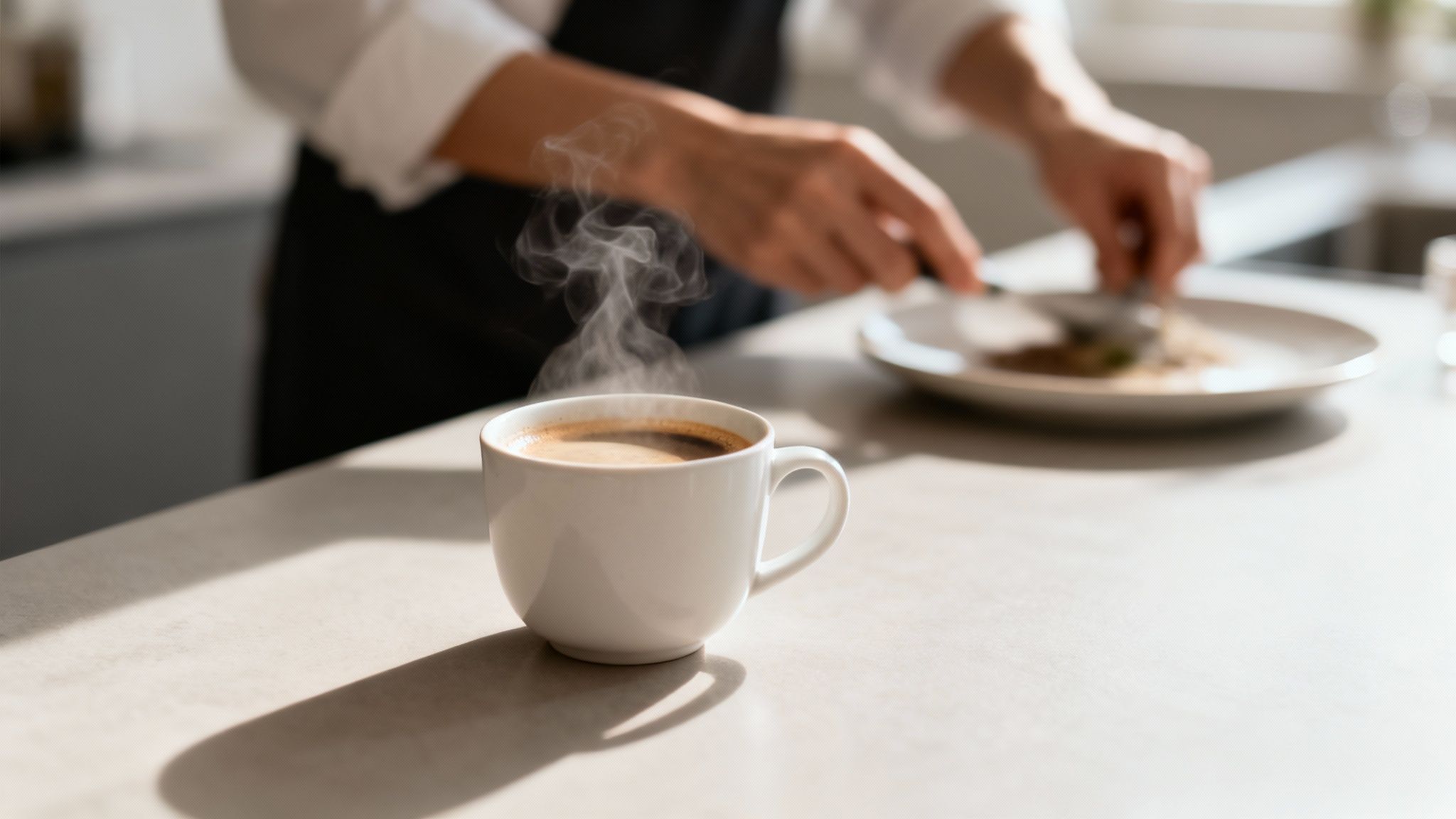 Steaming cup of coffee on a sunlit kitchen countertop, with a person preparing food in the background.