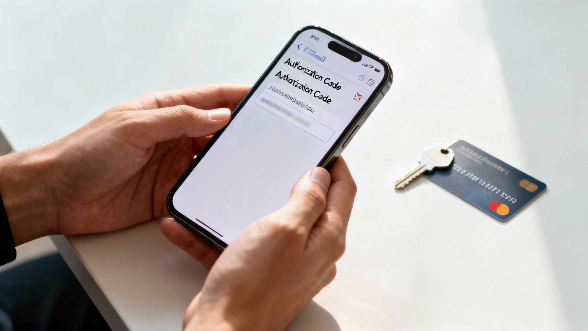 A person holding a smartphone displaying an authorization code, with a key and credit card nearby.