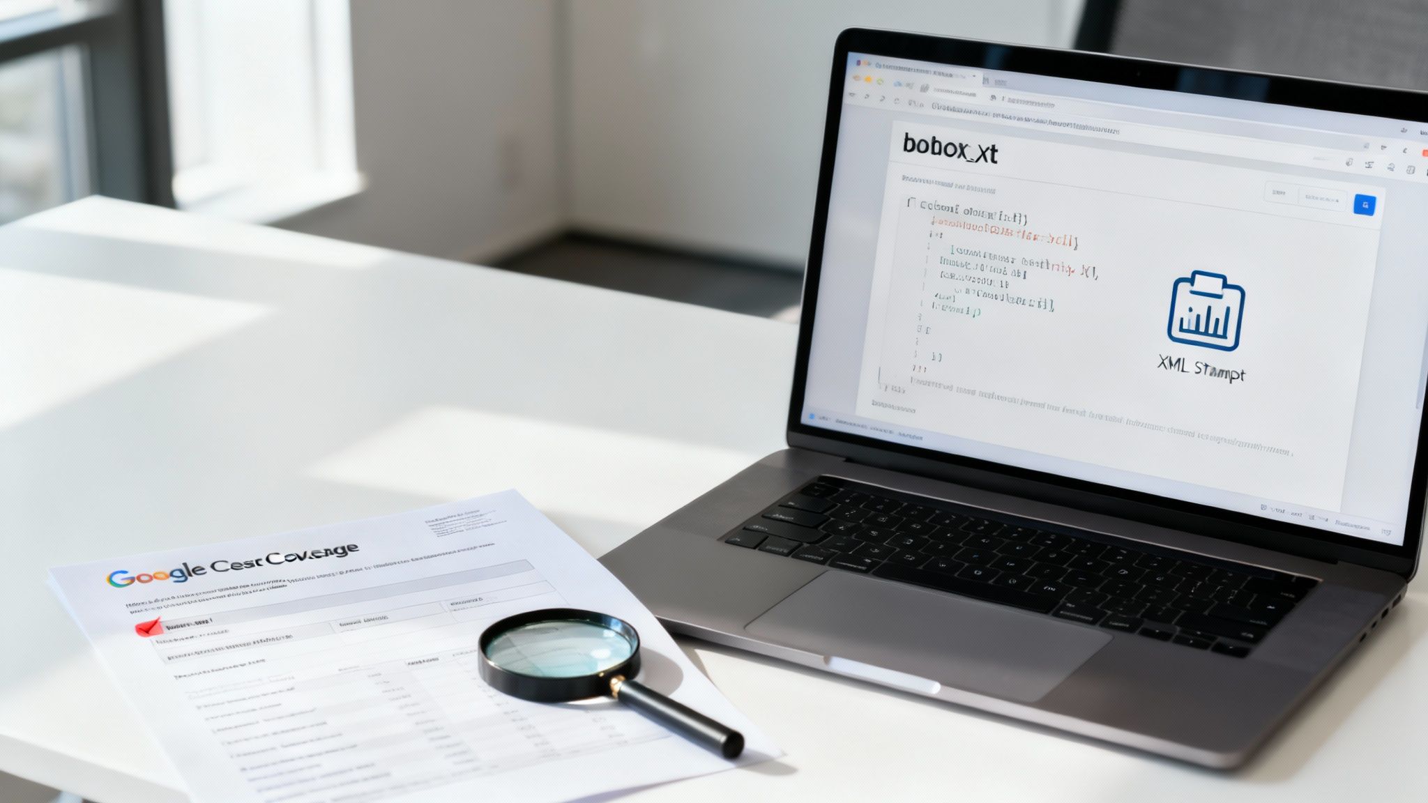 A laptop on a desk shows code and an XML Stamp logo, next to a Google CestCoverage document and a magnifying glass.