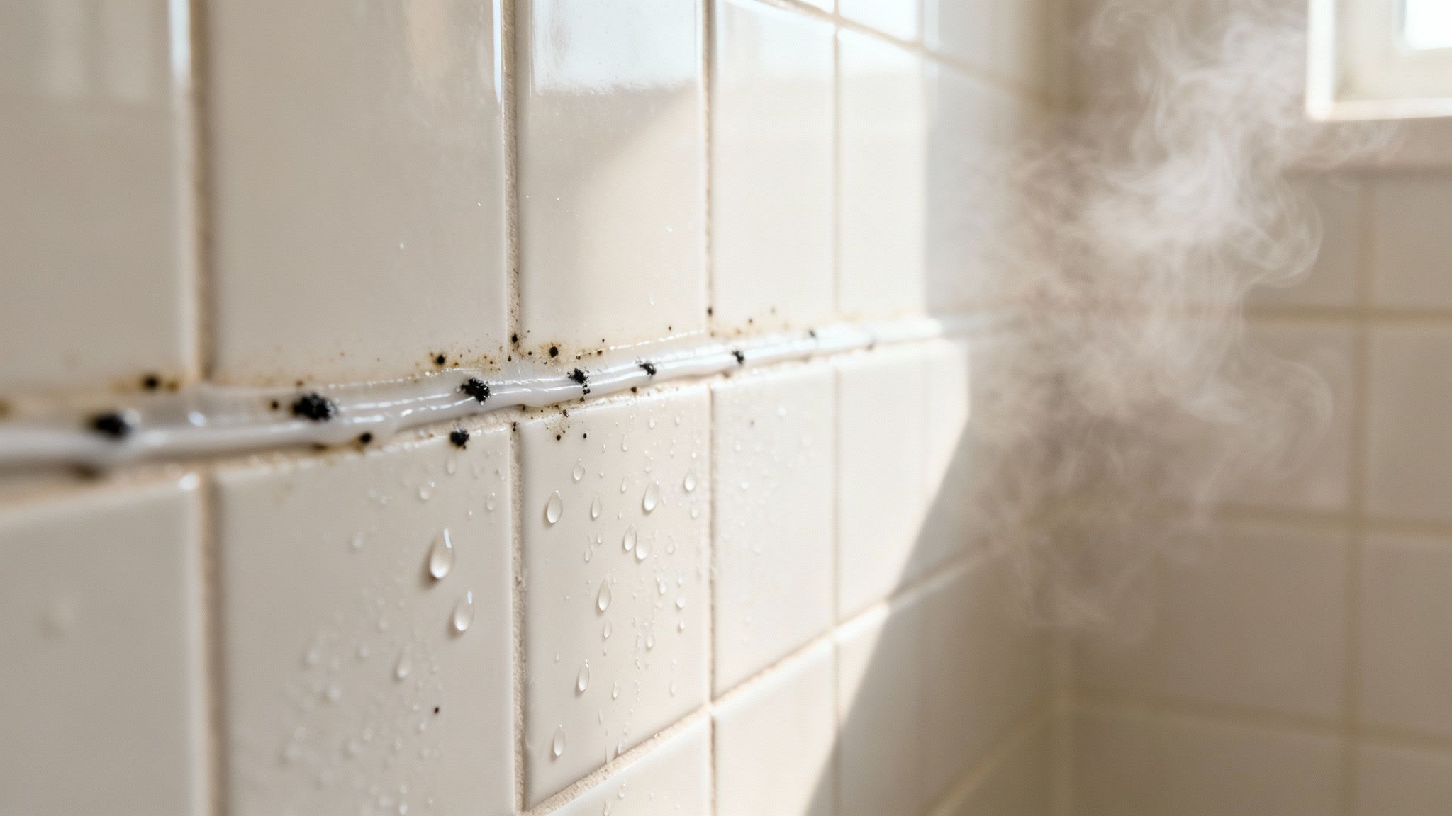 A close-up of mould on a white silicone sealant in a bathroom.