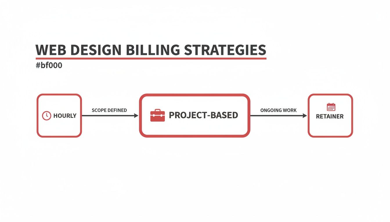 Flowchart illustrating web design billing strategies, detailing hourly, project-based, and retainer models.