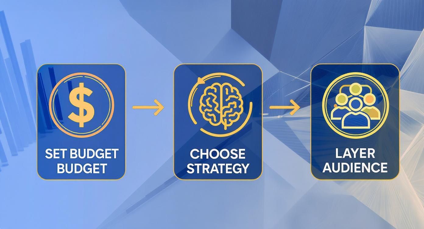 Infographic illustrating marketing steps: set budget, choose strategy, and layer audience.